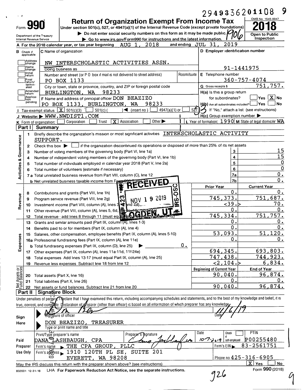 Image of first page of 2018 Form 990 for Northwest Interscholastic Activities Association