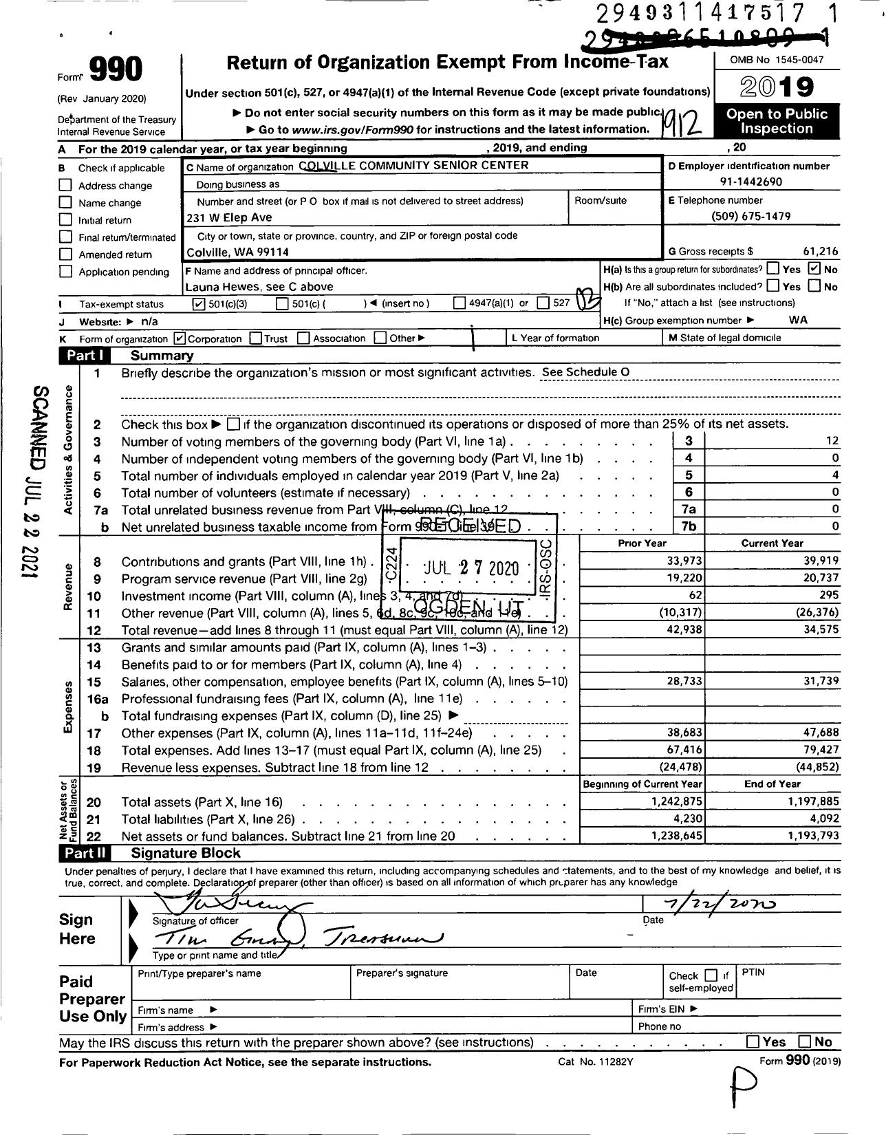 Image of first page of 2019 Form 990 for The Hub / Colville Community Senior Center