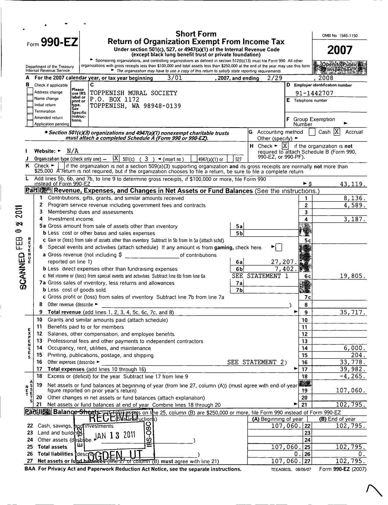 Image of first page of 2007 Form 990EZ for Toppenish Mural Society