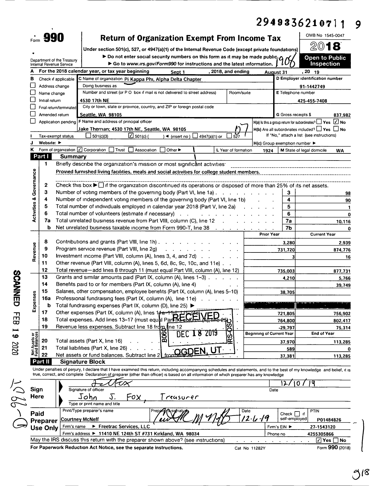 Image of first page of 2018 Form 990O for Pi Kappa Phi Fraternity - Alpha Delta Chapter