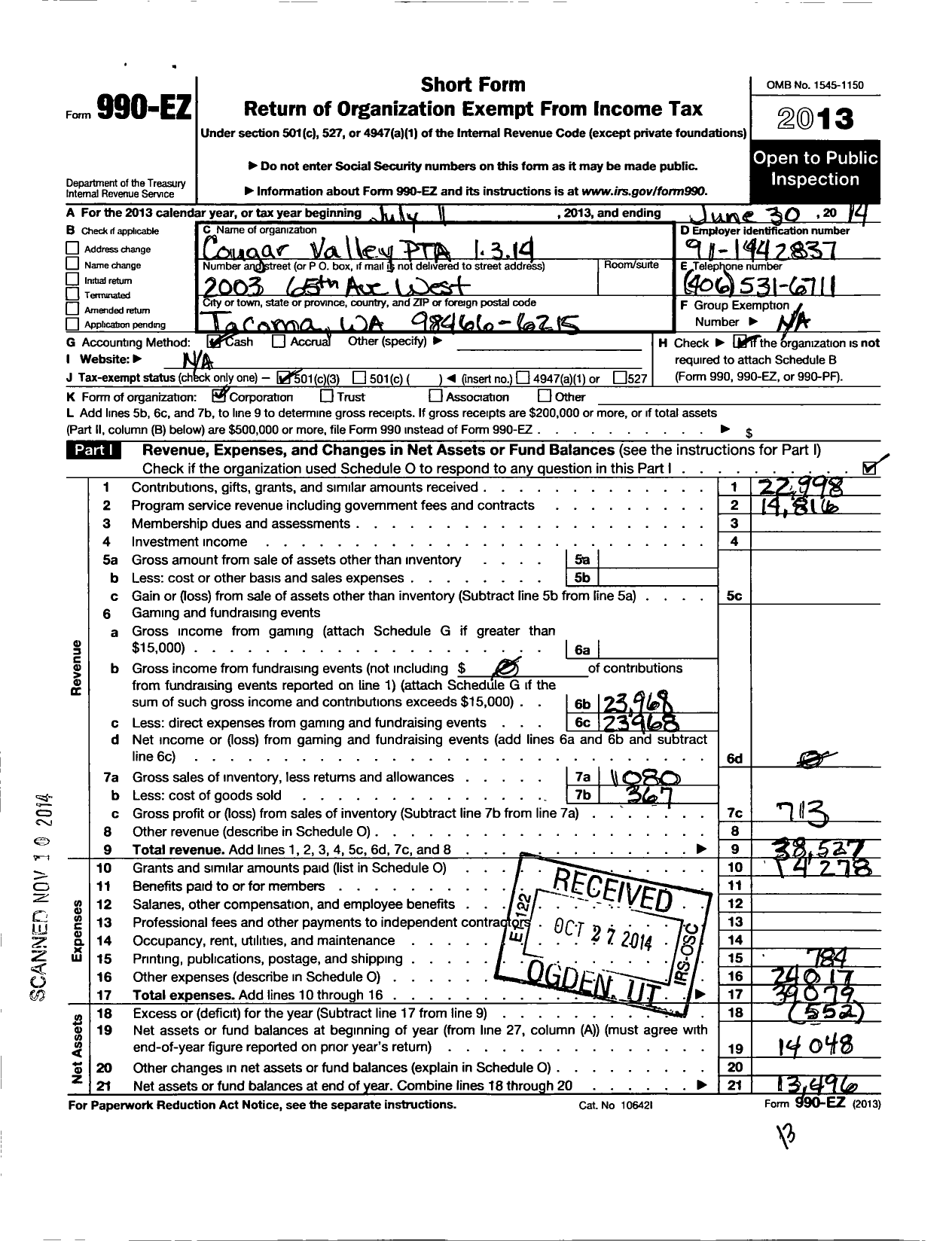 Image of first page of 2013 Form 990EZ for Cougar Valley 1 3 14