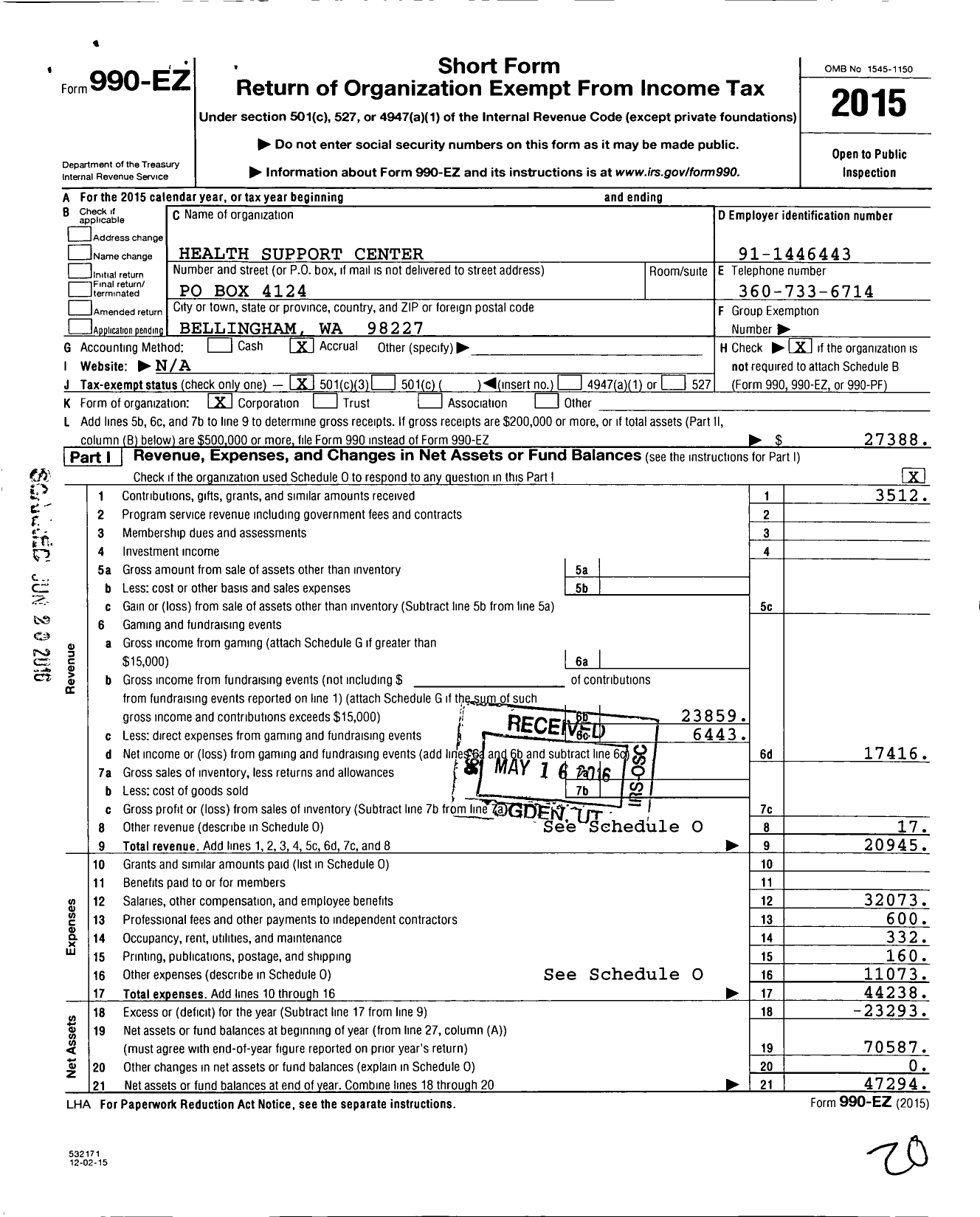 Image of first page of 2015 Form 990EZ for Health Support Center / Patrick A Pancoast MBR