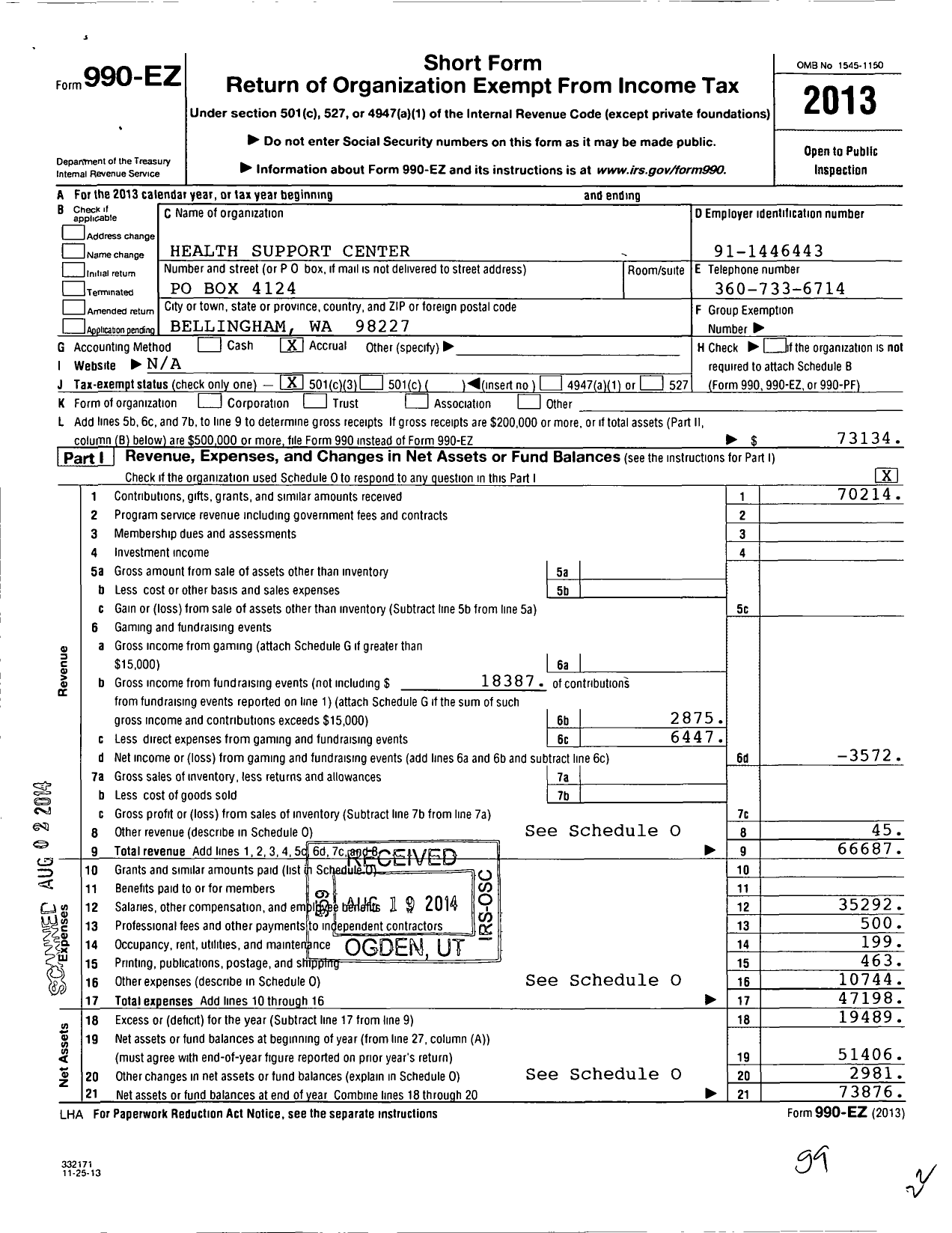 Image of first page of 2013 Form 990EZ for Health Support Center / Patrick A Pancoast MBR