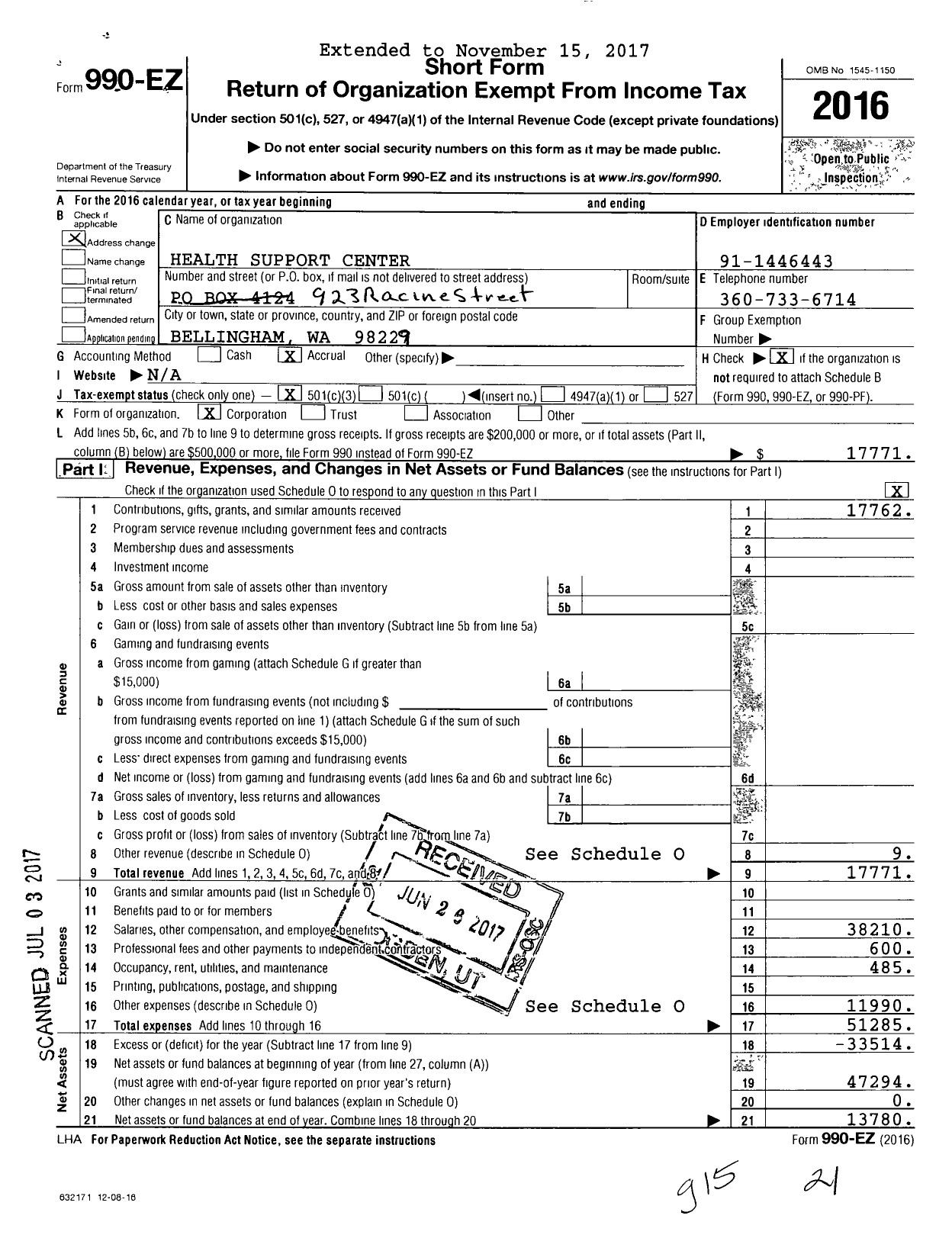 Image of first page of 2016 Form 990EZ for Health Support Center / Patrick A Pancoast MBR