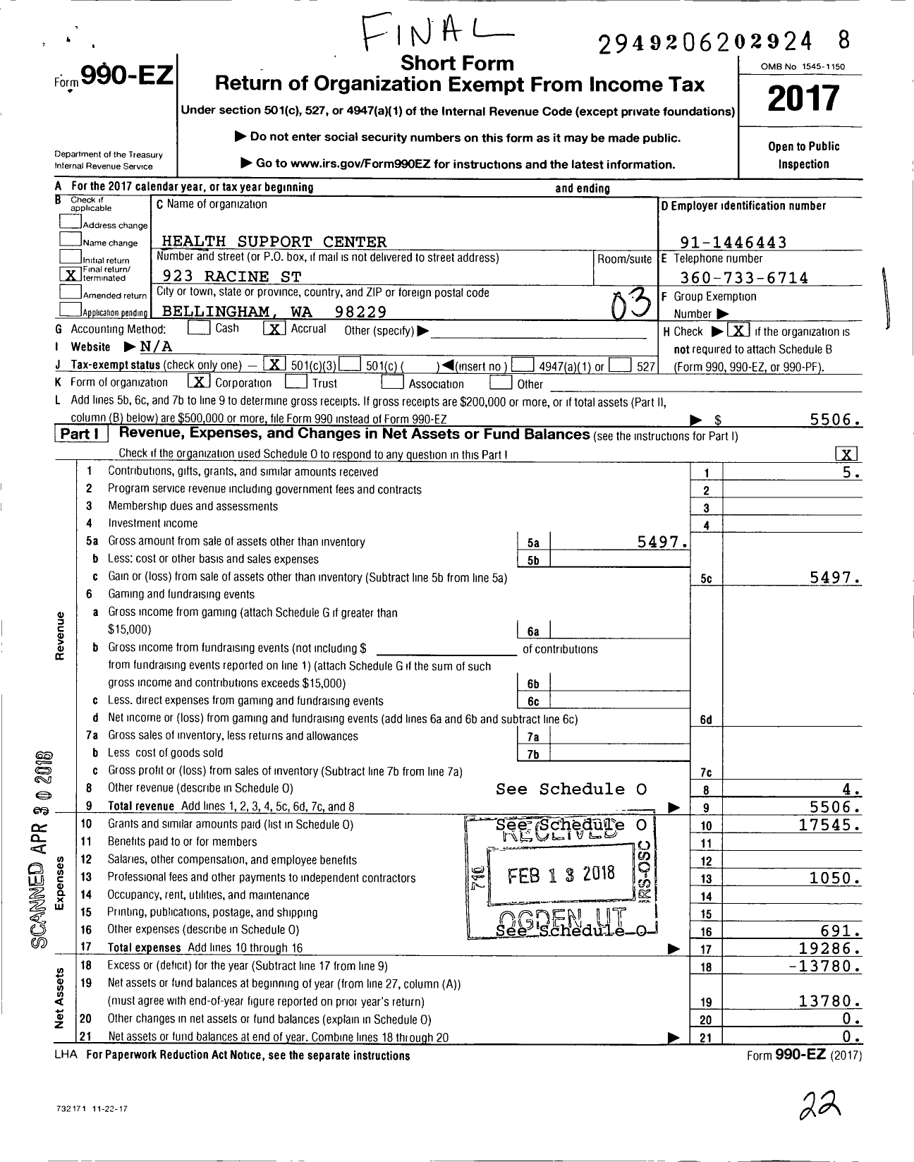 Image of first page of 2017 Form 990EZ for Health Support Center / Patrick A Pancoast MBR