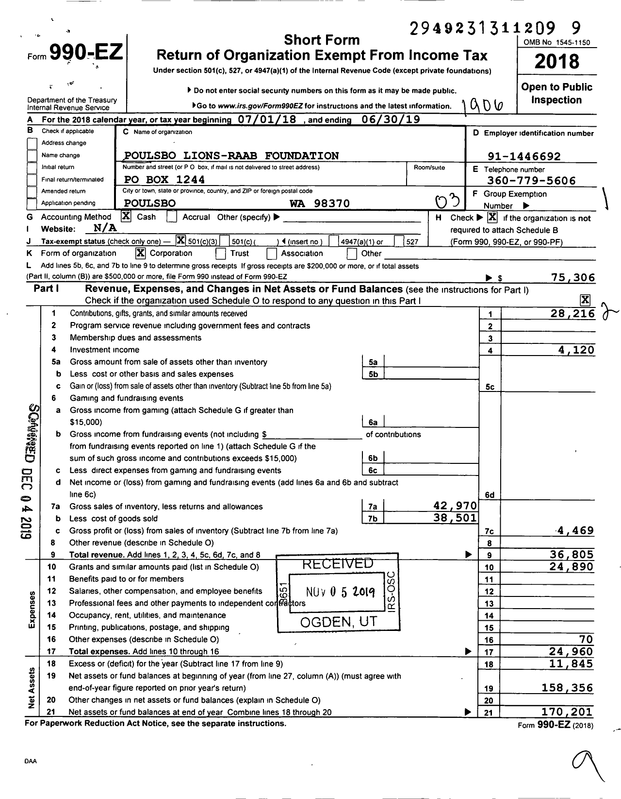 Image of first page of 2018 Form 990EZ for Raab Foundation