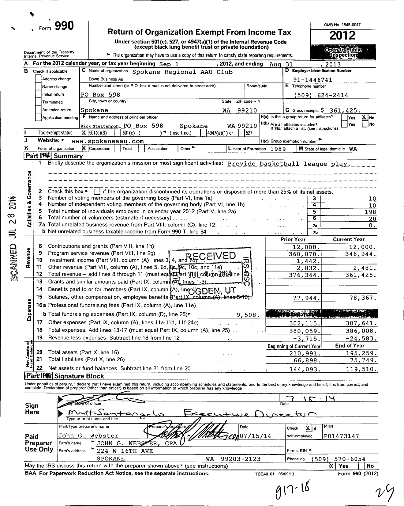 Image of first page of 2012 Form 990 for Spokane Regional Aau Club
