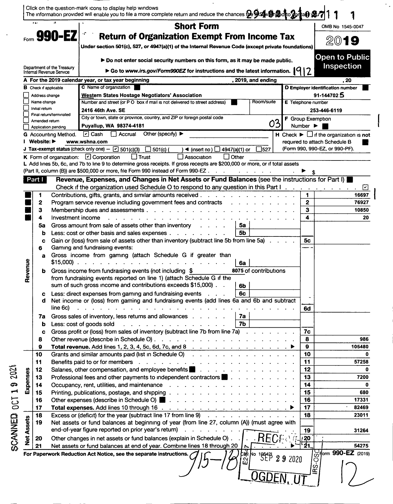 Image of first page of 2019 Form 990EZ for Western States Hostage Negotiators' Association