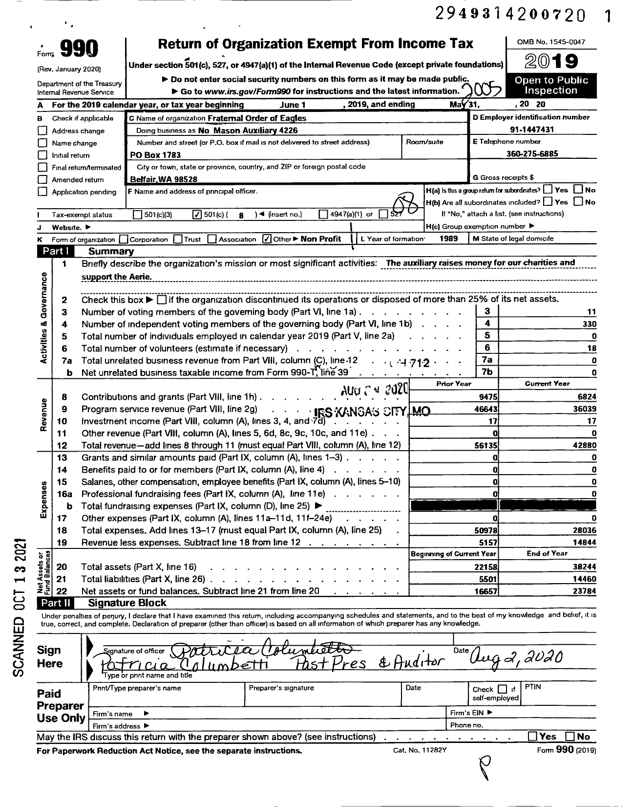 Image of first page of 2019 Form 990O for Fraternal Order of Eagles - North Mason Auxiliary 4226