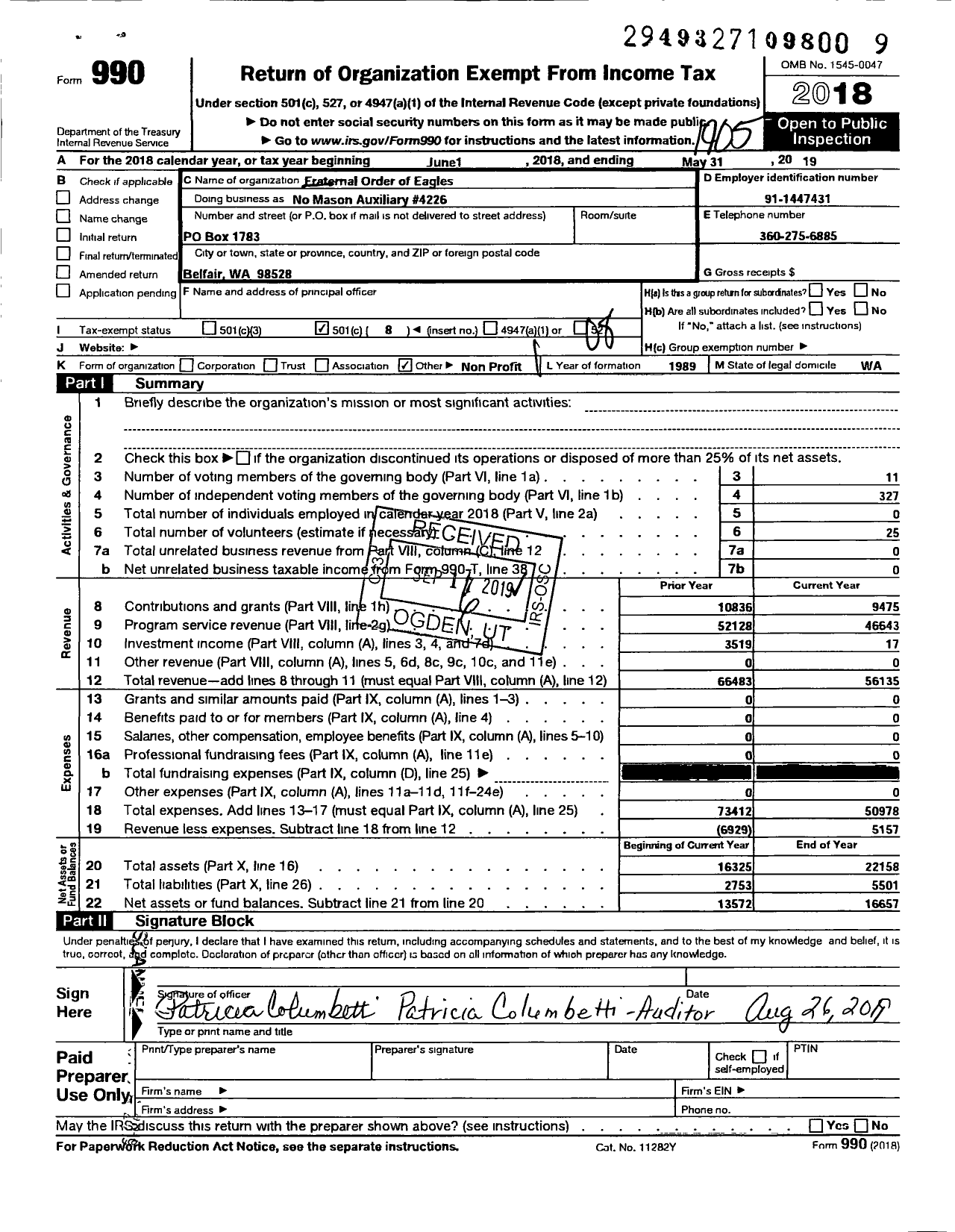 Image of first page of 2018 Form 990O for Fraternal Order of Eagles - North Mason Auxiliary 4226