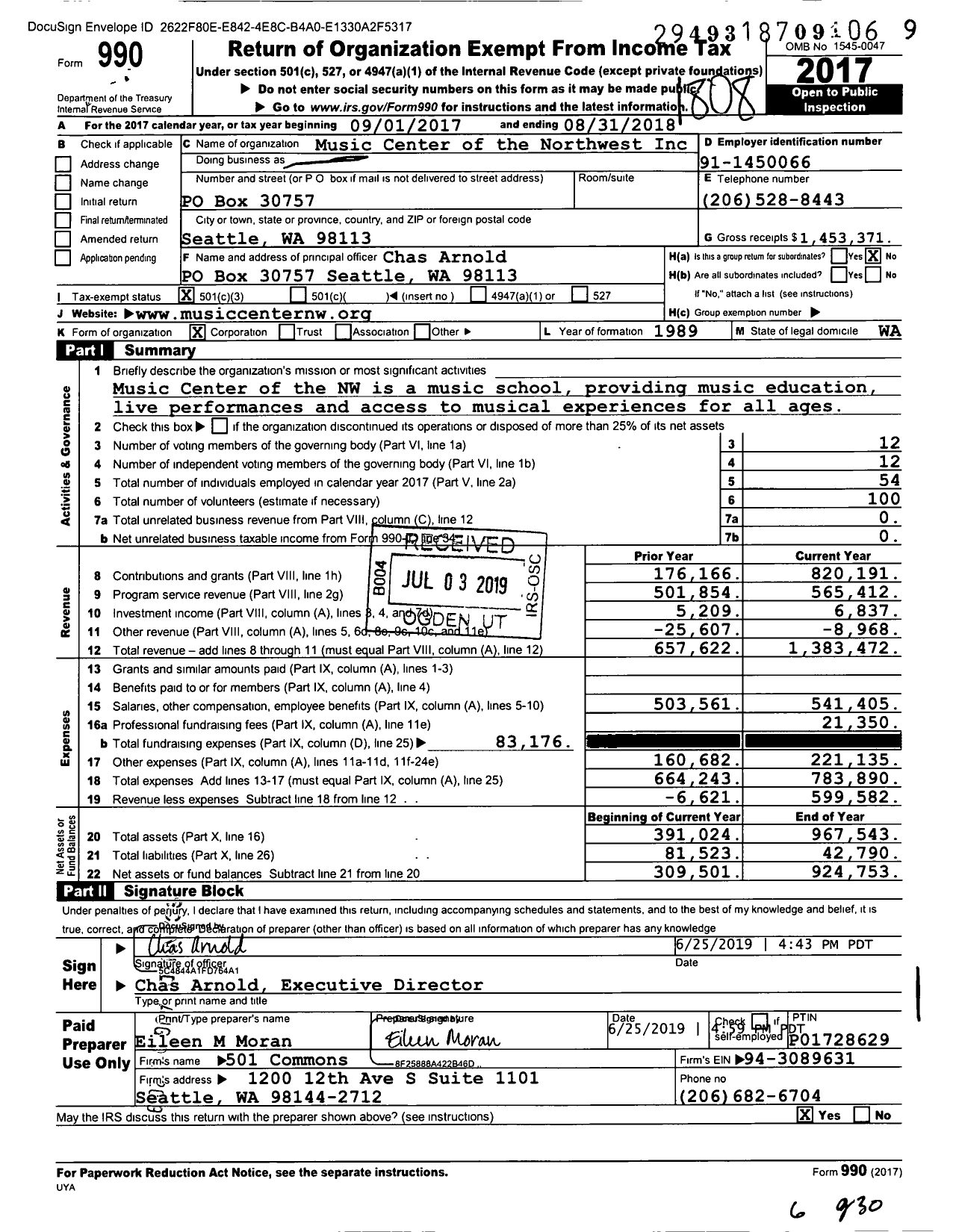Image of first page of 2017 Form 990 for Music Center of the Northwest