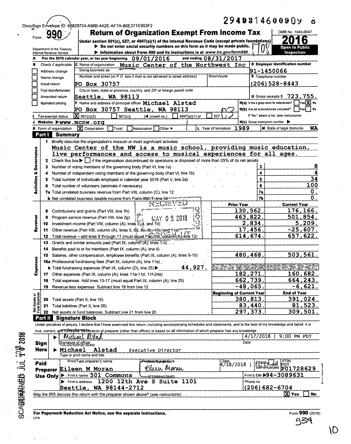 Image of first page of 2016 Form 990 for Music Center of the Northwest