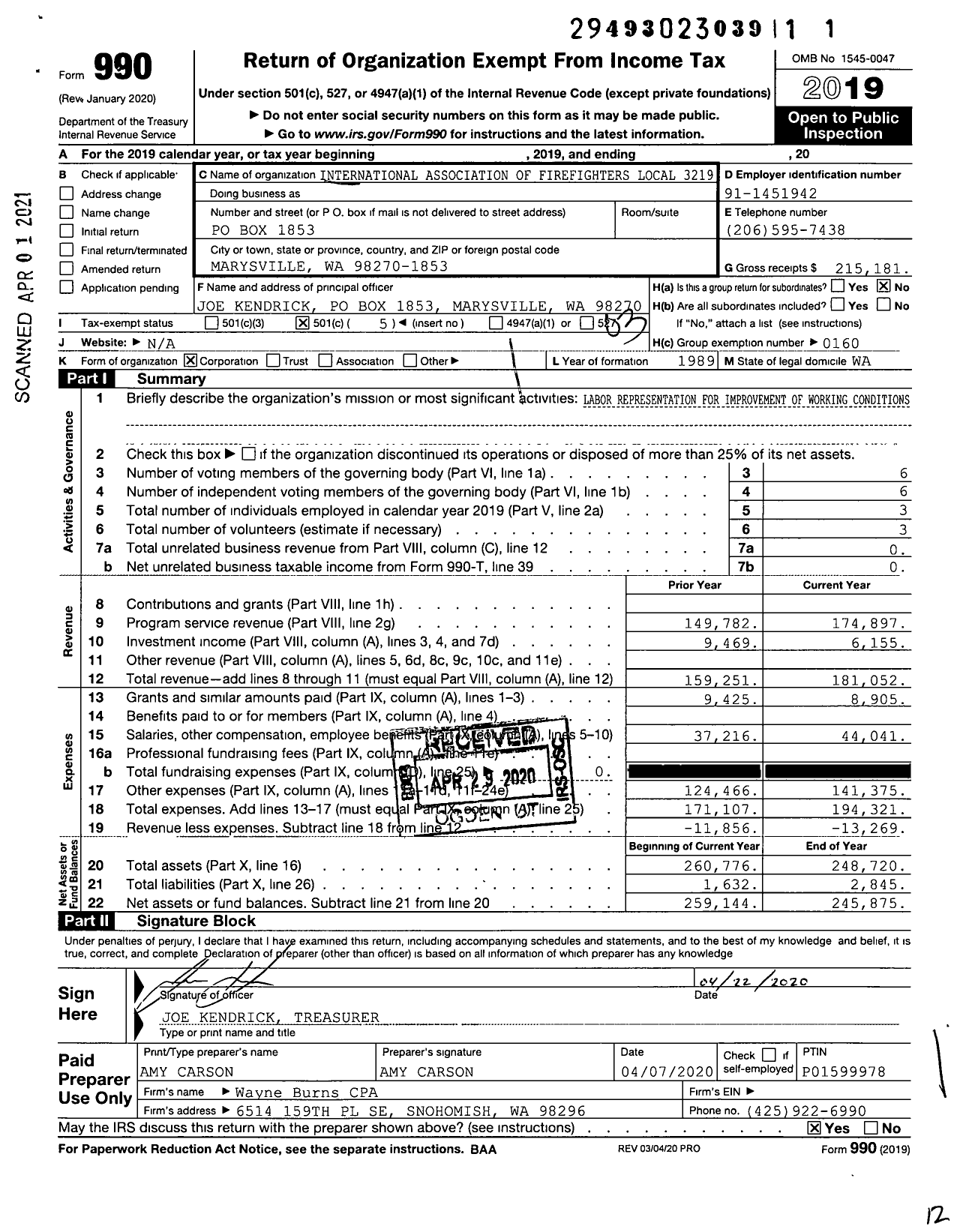 Image of first page of 2019 Form 990 for International Association of Fire Fighters - L3219 Marysville