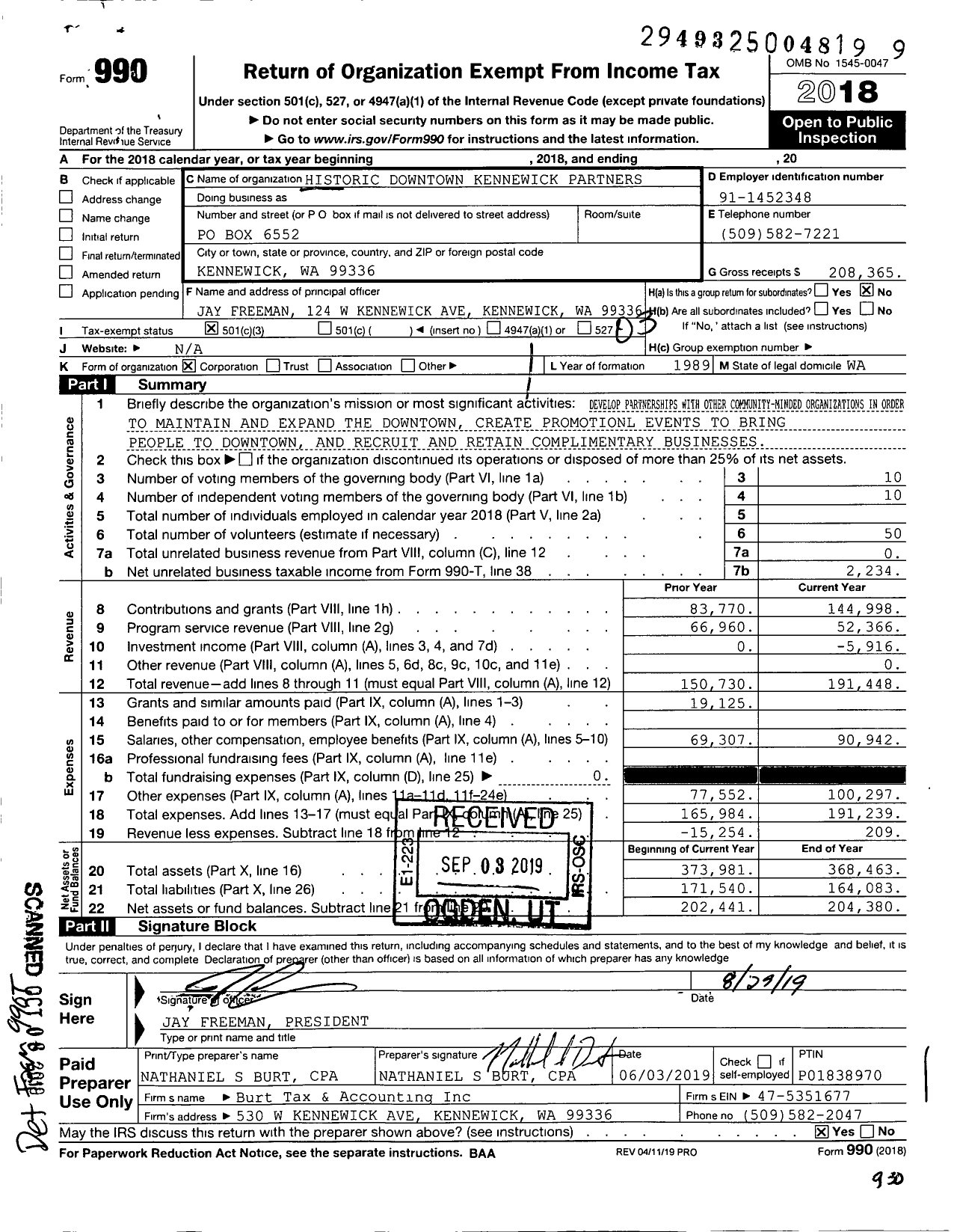 Image of first page of 2018 Form 990 for Historic Downtown Kennewick Partners