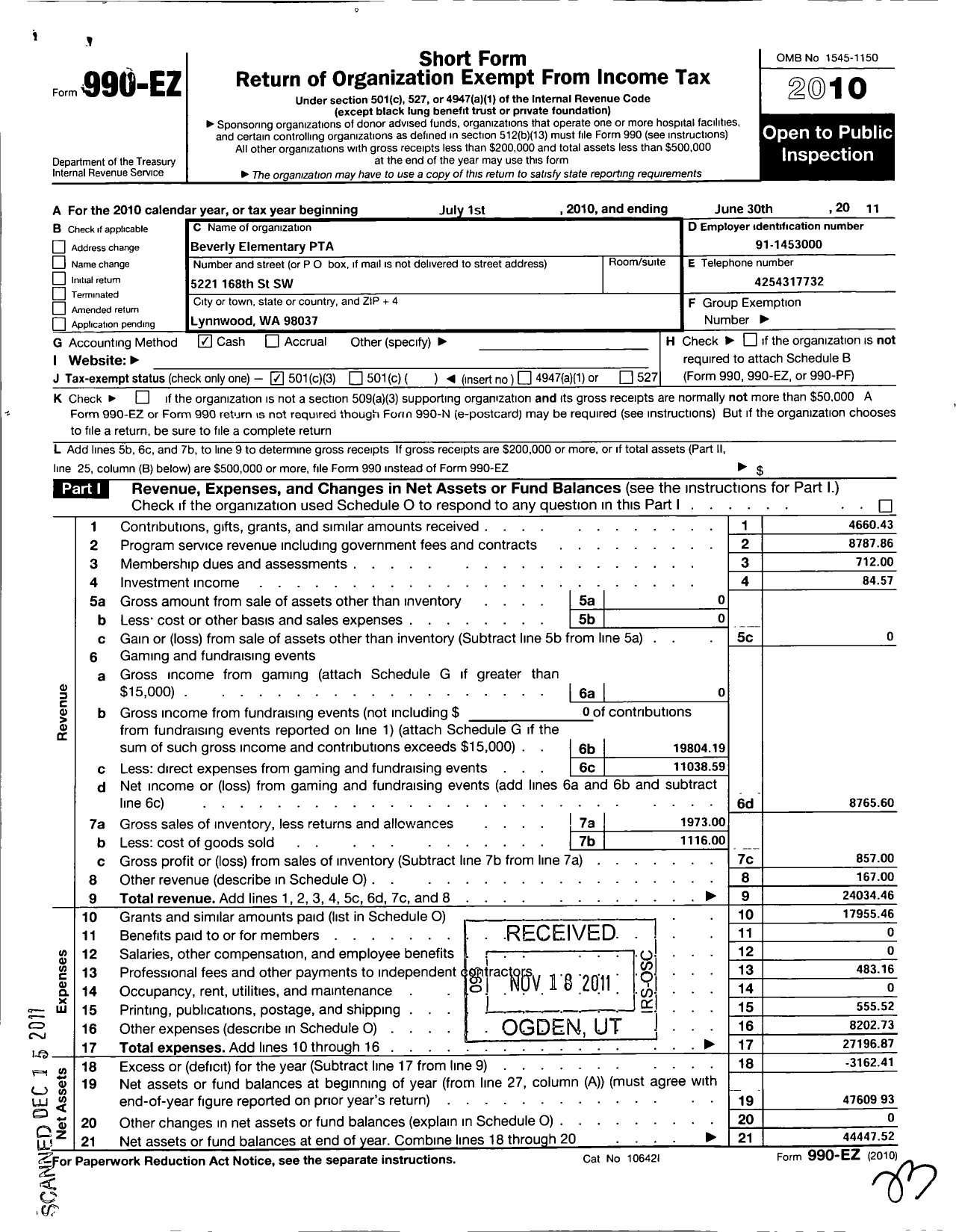 Image of first page of 2010 Form 990EZ for PTA Beverly Elementary 7 2 10