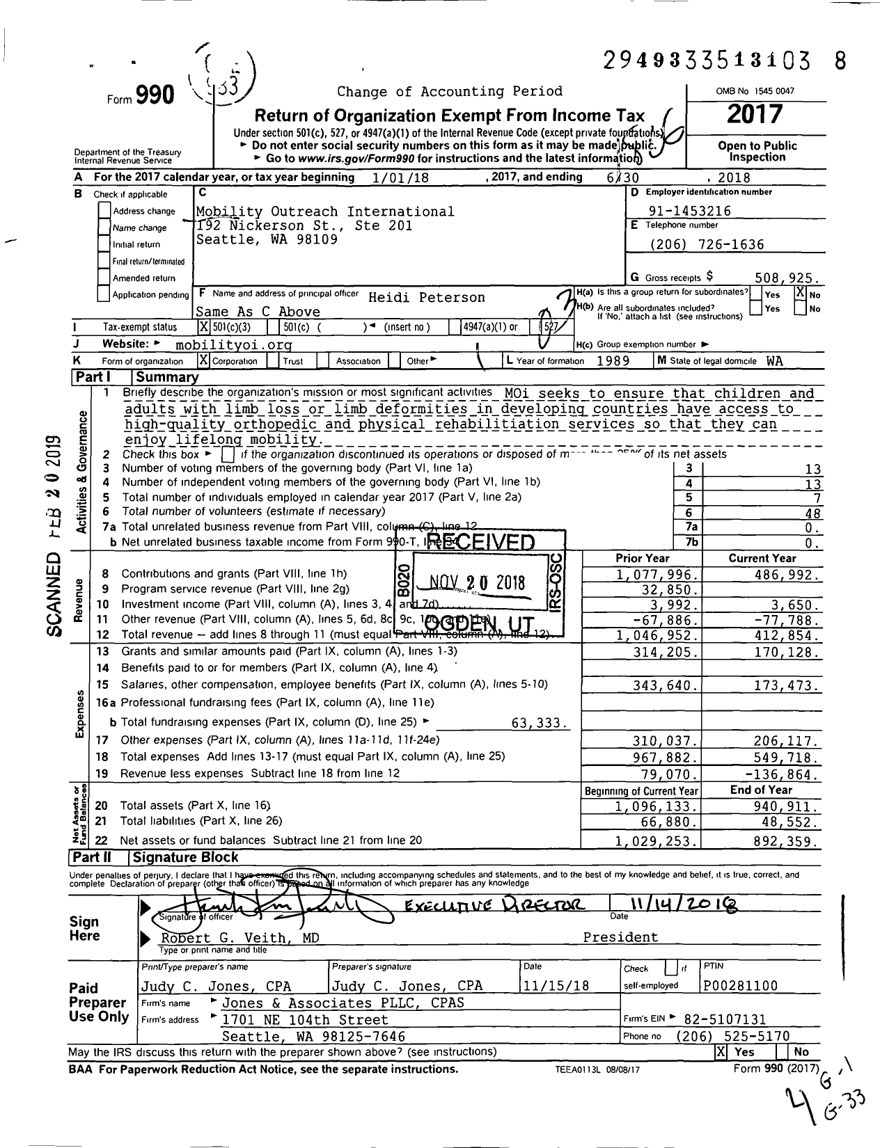 Image of first page of 2017 Form 990 for Mobility Outreach International