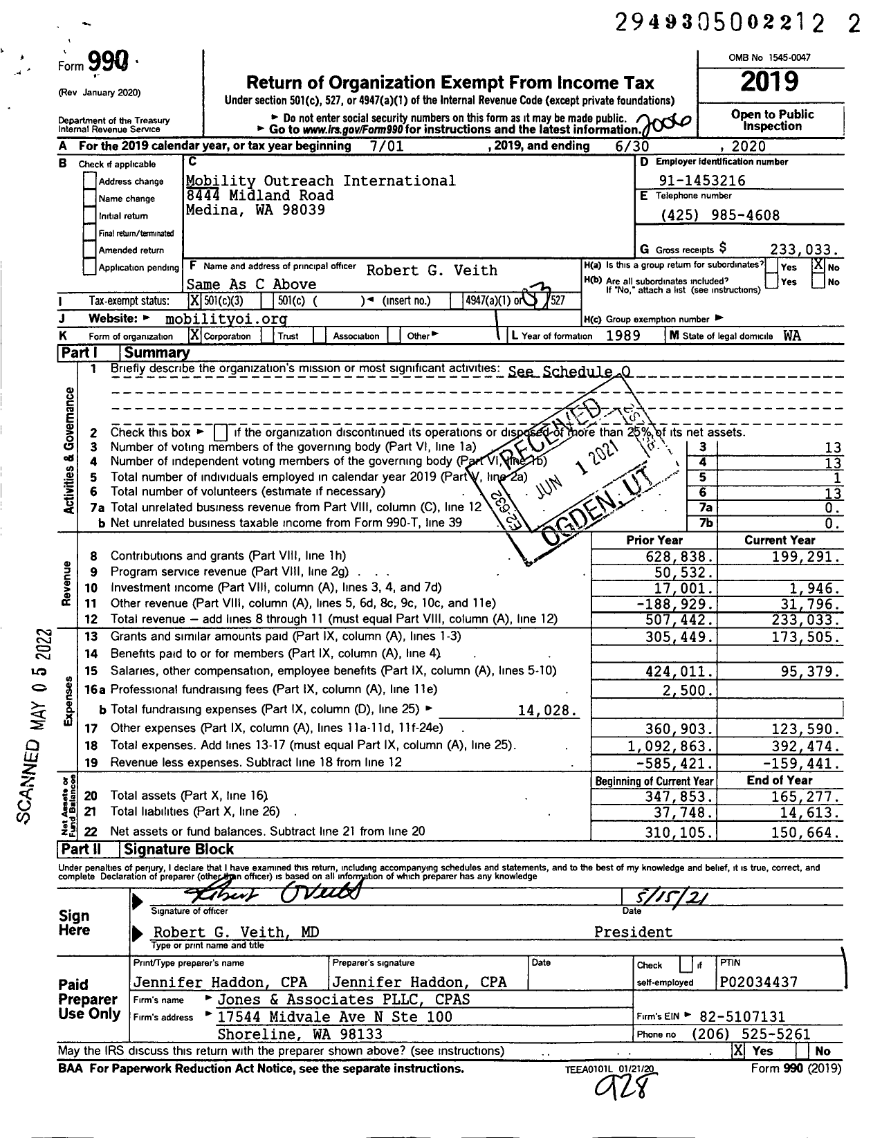 Image of first page of 2019 Form 990 for Mobility Outreach International