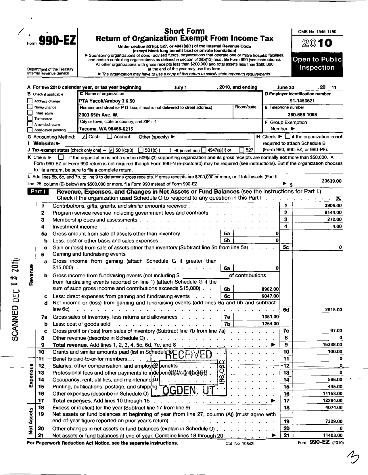 Image of first page of 2010 Form 990EZ for PTA Yacolt-Amboy 3 6 50