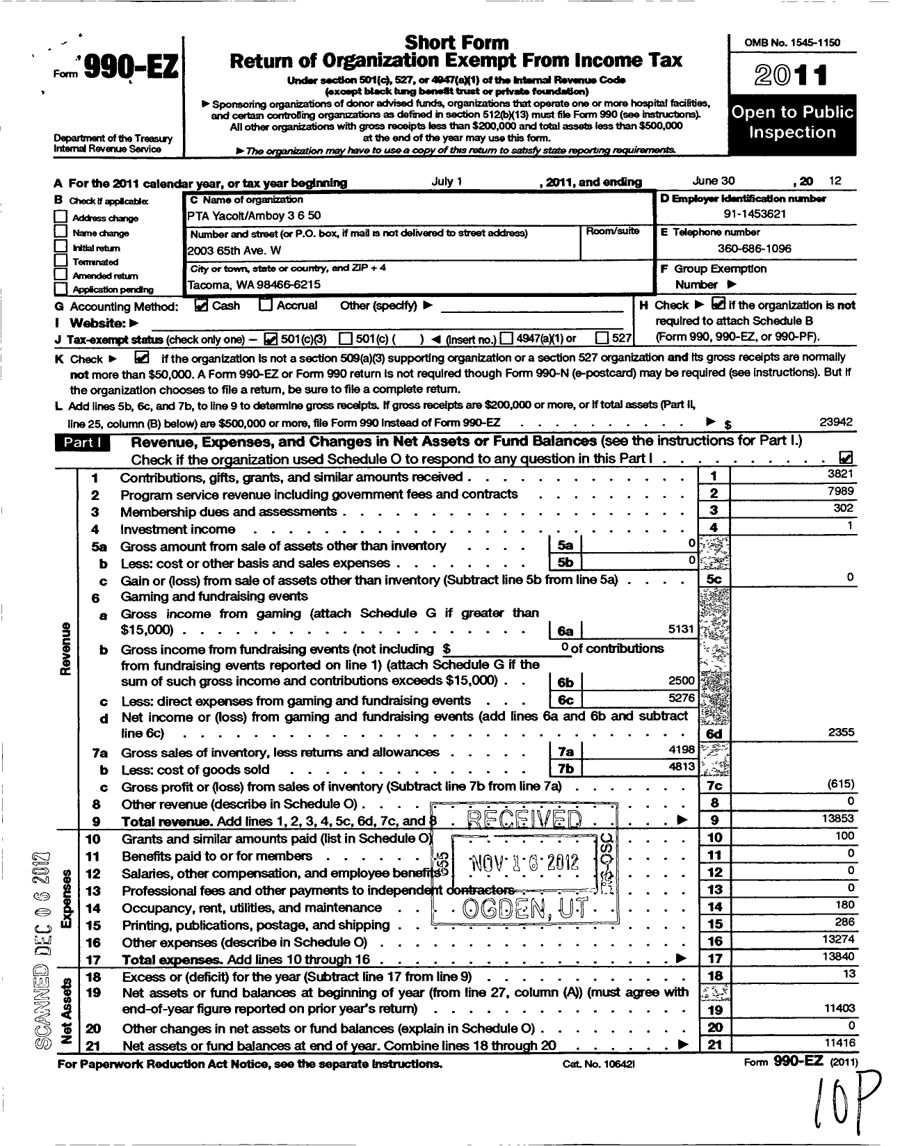 Image of first page of 2011 Form 990EZ for PTA Yacolt-Amboy 3 6 50