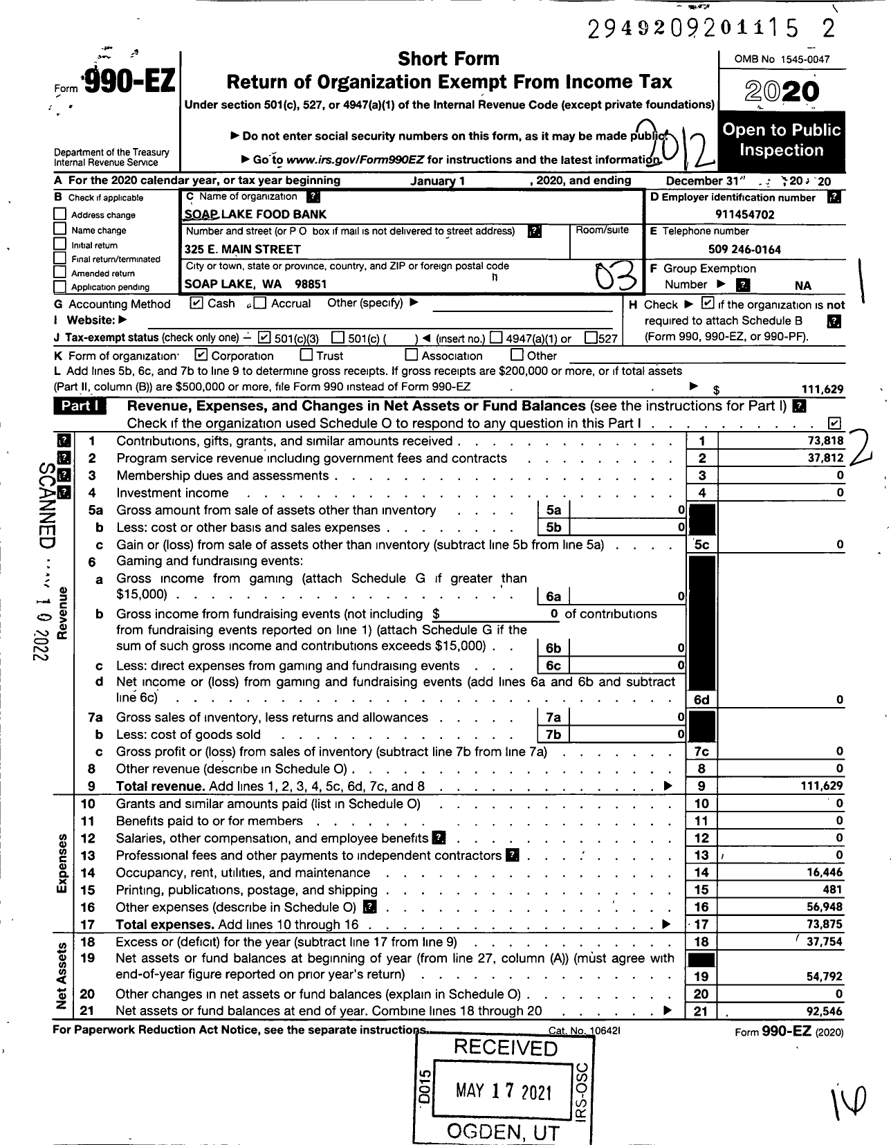 Image of first page of 2020 Form 990EZ for Soap Lake Food Bank