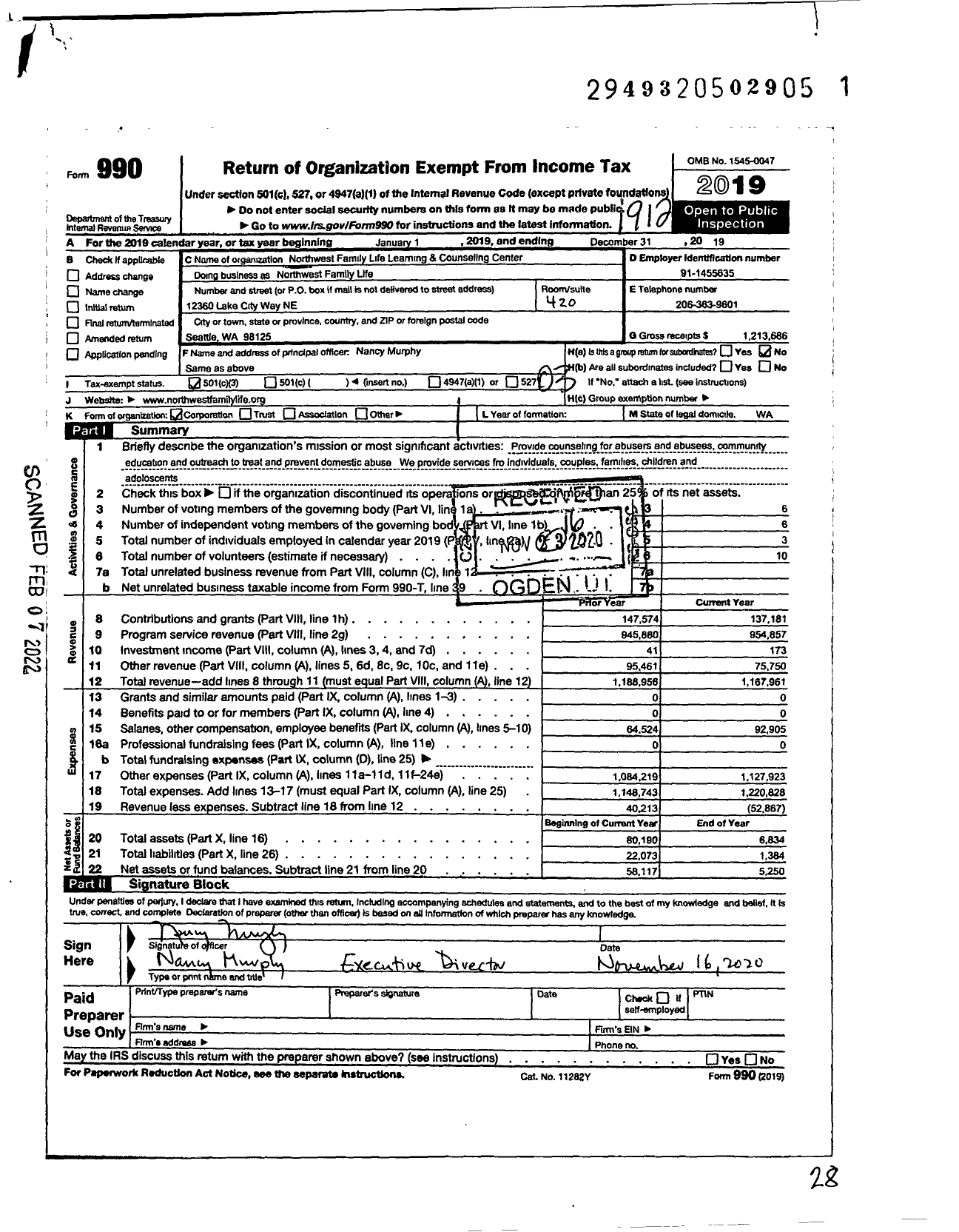 Image of first page of 2019 Form 990 for Northwest Family Life Learning and Counseling Center