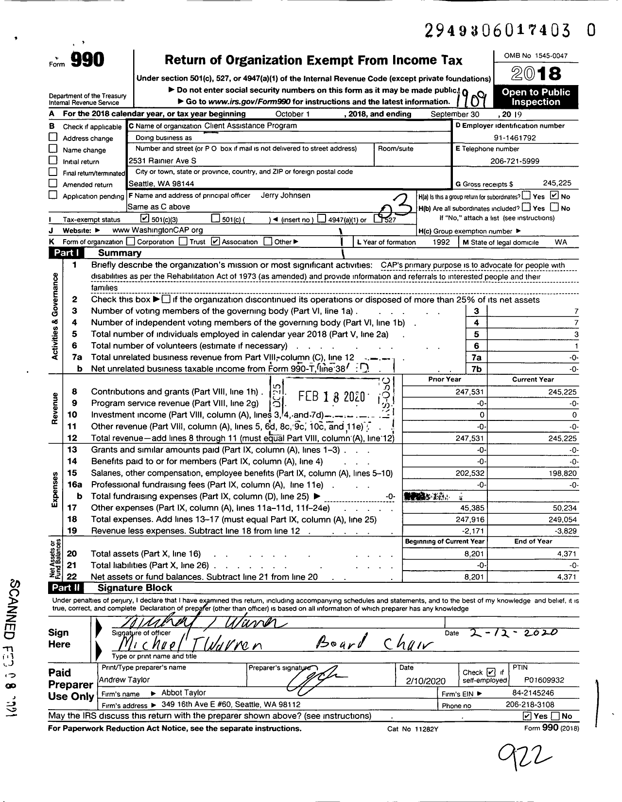 Image of first page of 2018 Form 990 for Client Assistance Program