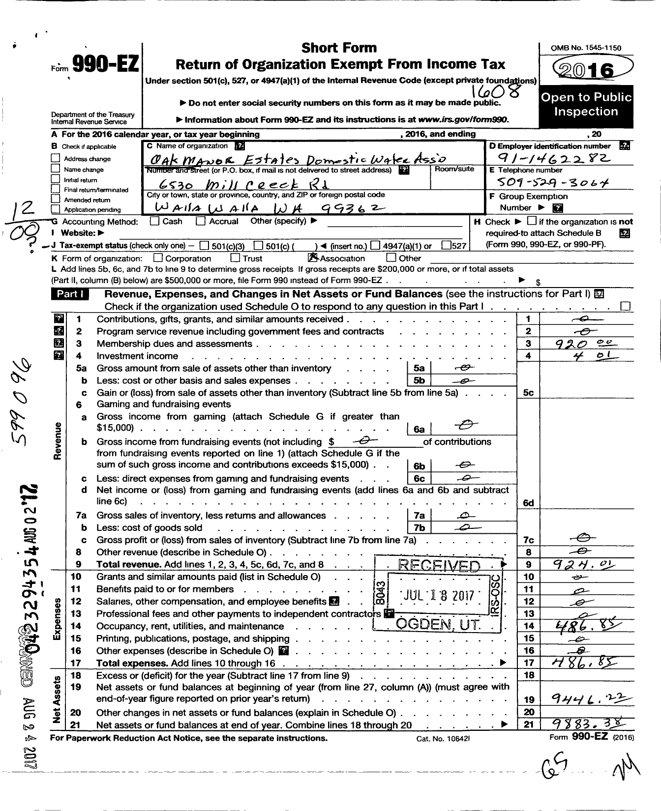 Image of first page of 2015 Form 990EO for Oak Manor Estates Domestic Water Association