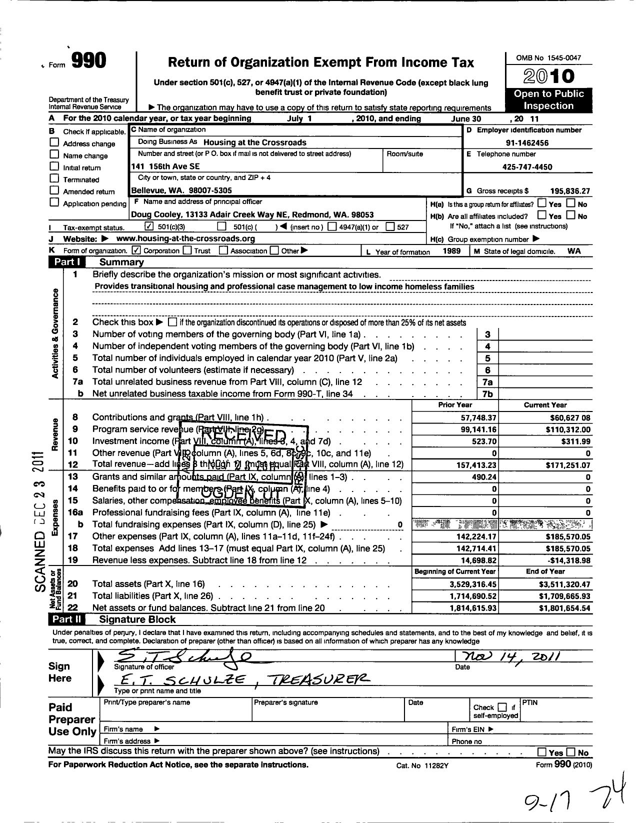 Image of first page of 2010 Form 990 for Housing at the Crossroads