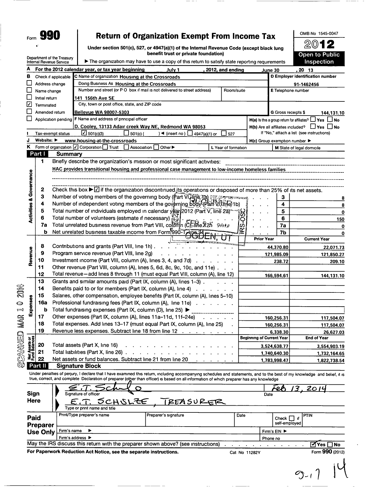 Image of first page of 2012 Form 990 for Housing at the Crossroads