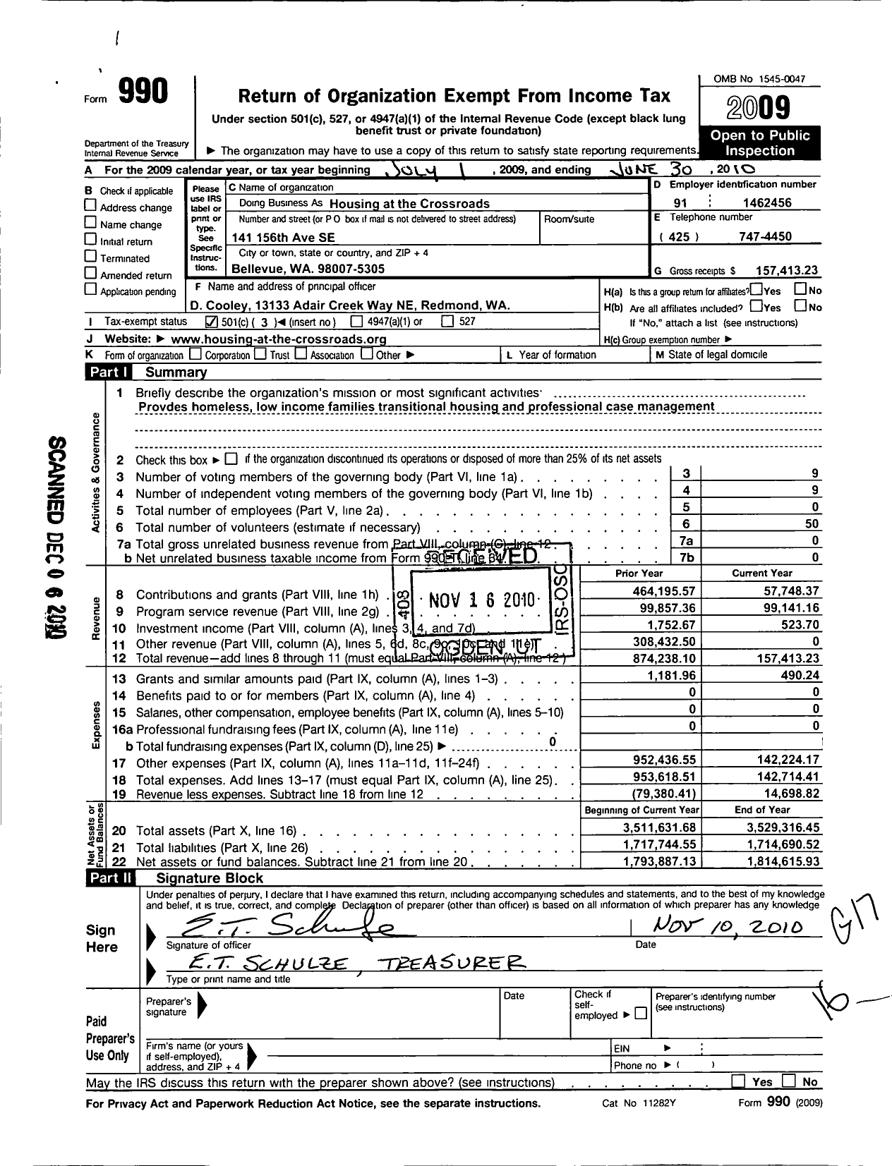 Image of first page of 2009 Form 990 for Housing at the Crossroads