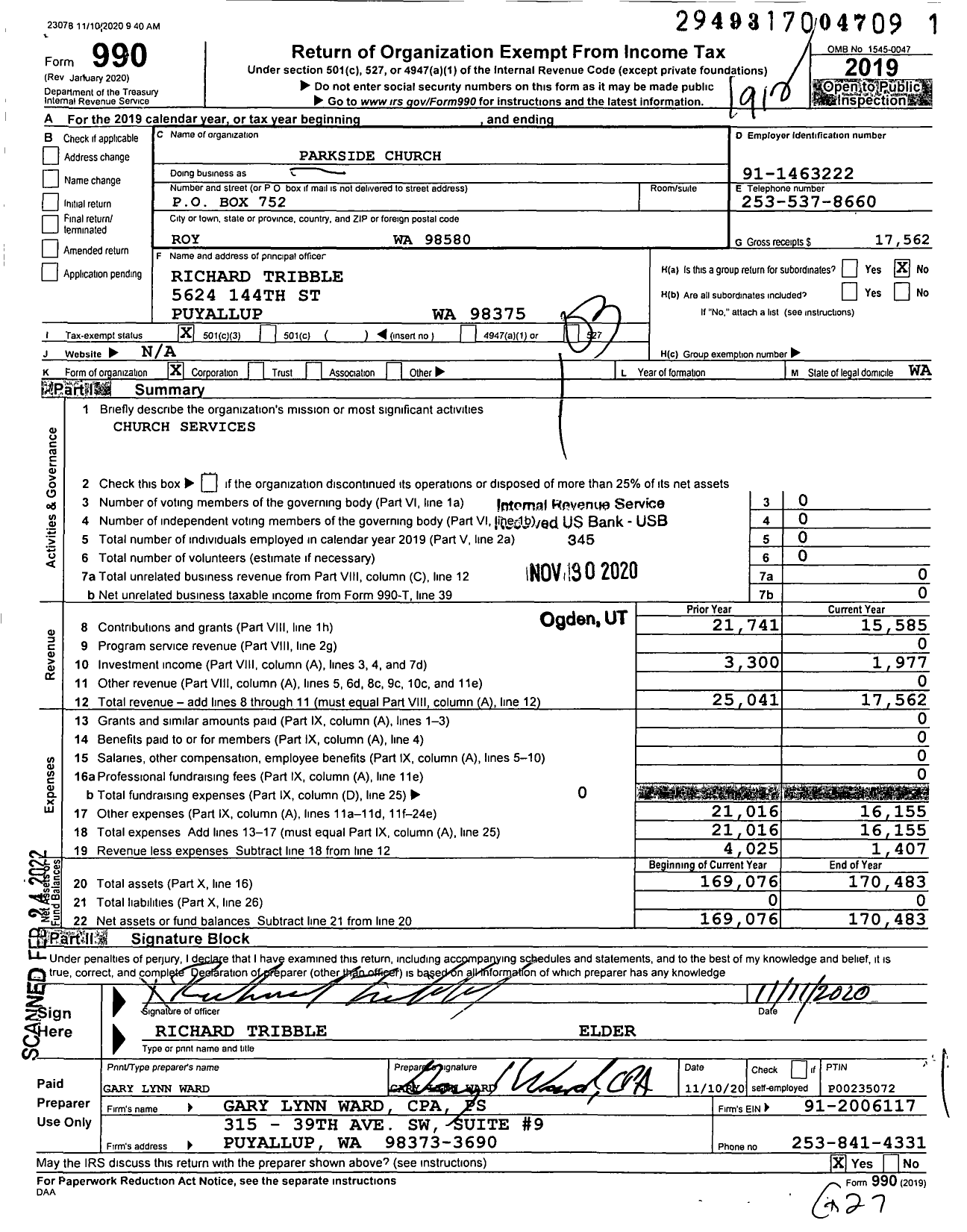 Image of first page of 2019 Form 990 for Parkside Church