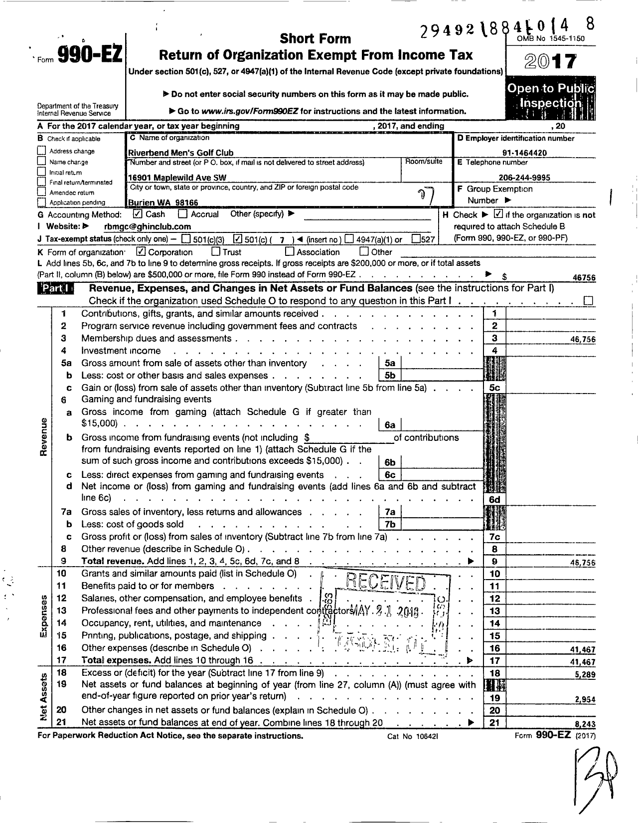 Image of first page of 2017 Form 990EO for Riverbend Mens Golf Club