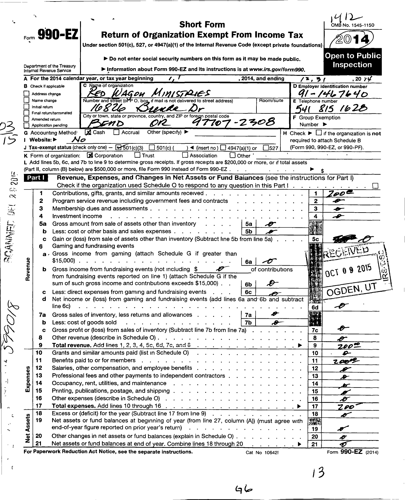 Image of first page of 2014 Form 990EZ for Red Wagon Ministries