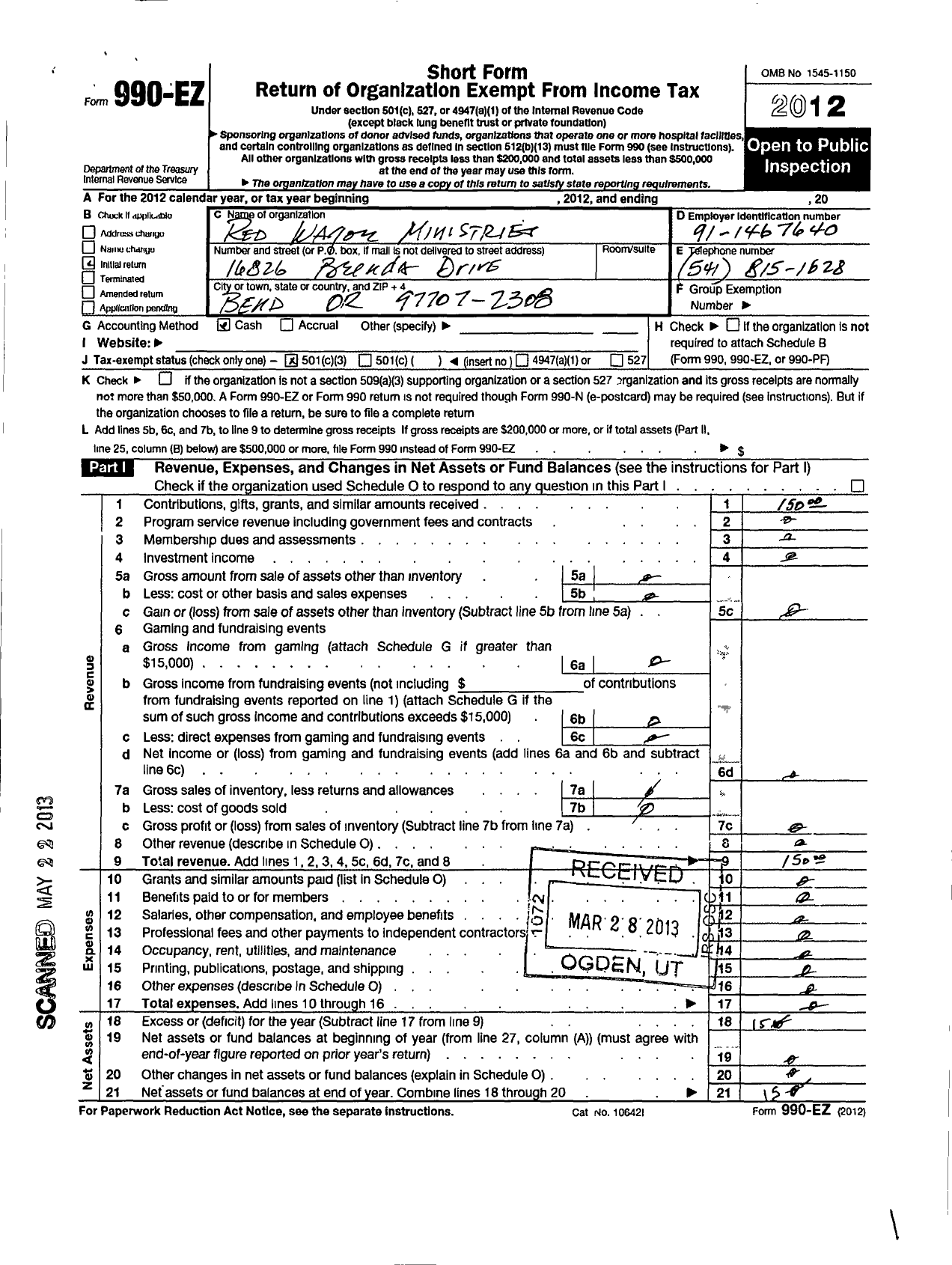 Image of first page of 2012 Form 990EZ for Red Wagon Ministries