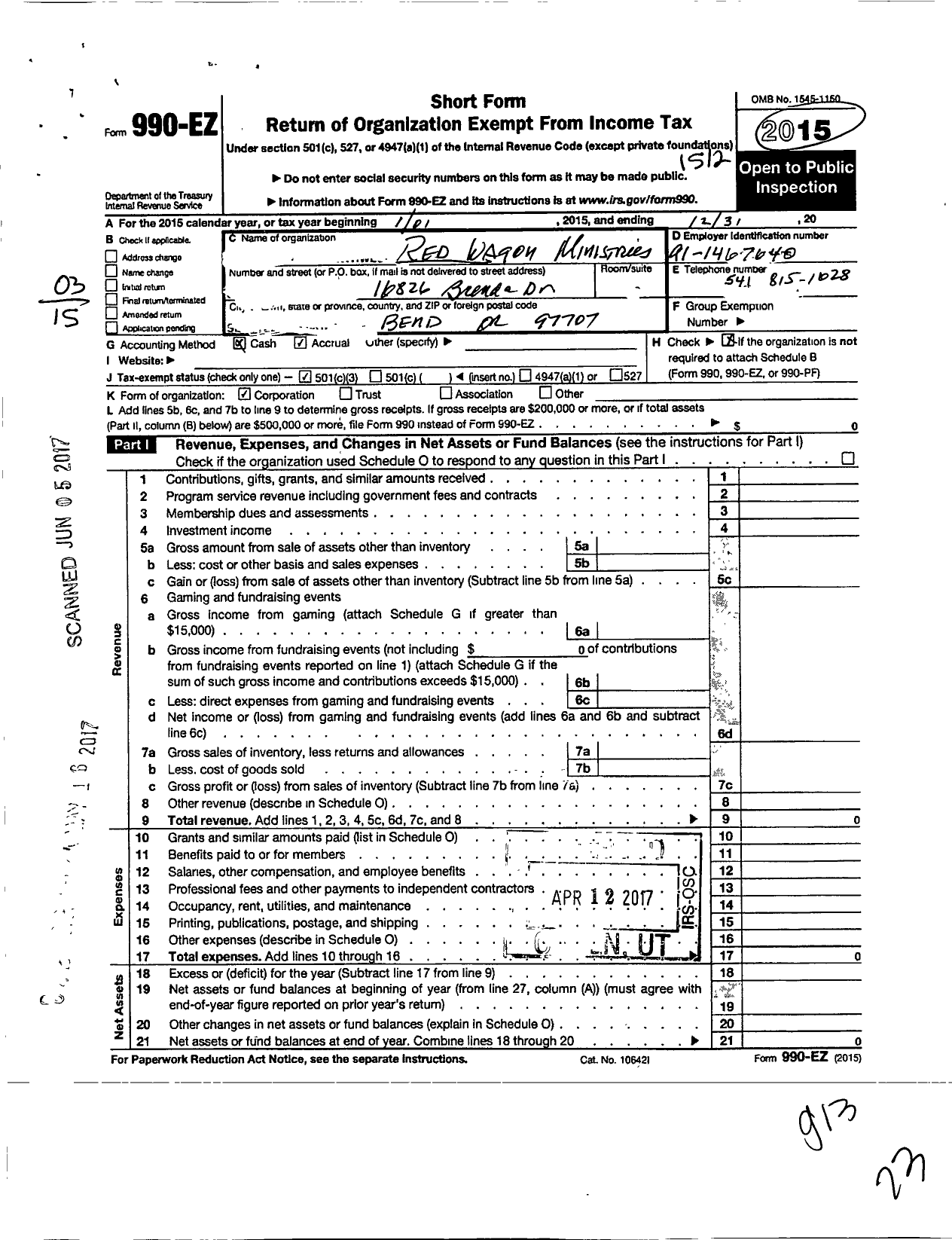 Image of first page of 2015 Form 990EZ for Red Wagon Ministries