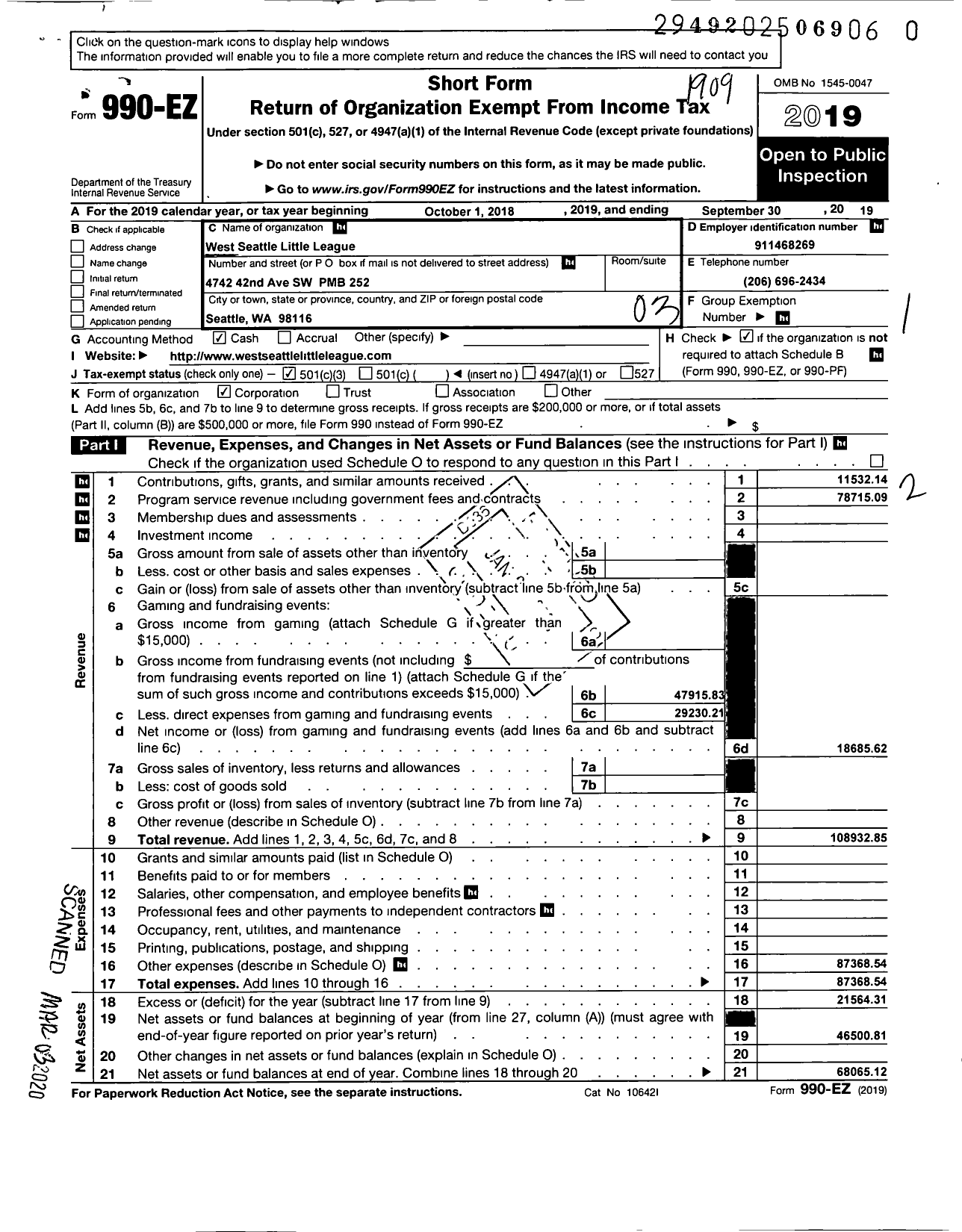 Image of first page of 2018 Form 990EZ for West Seattle Little League