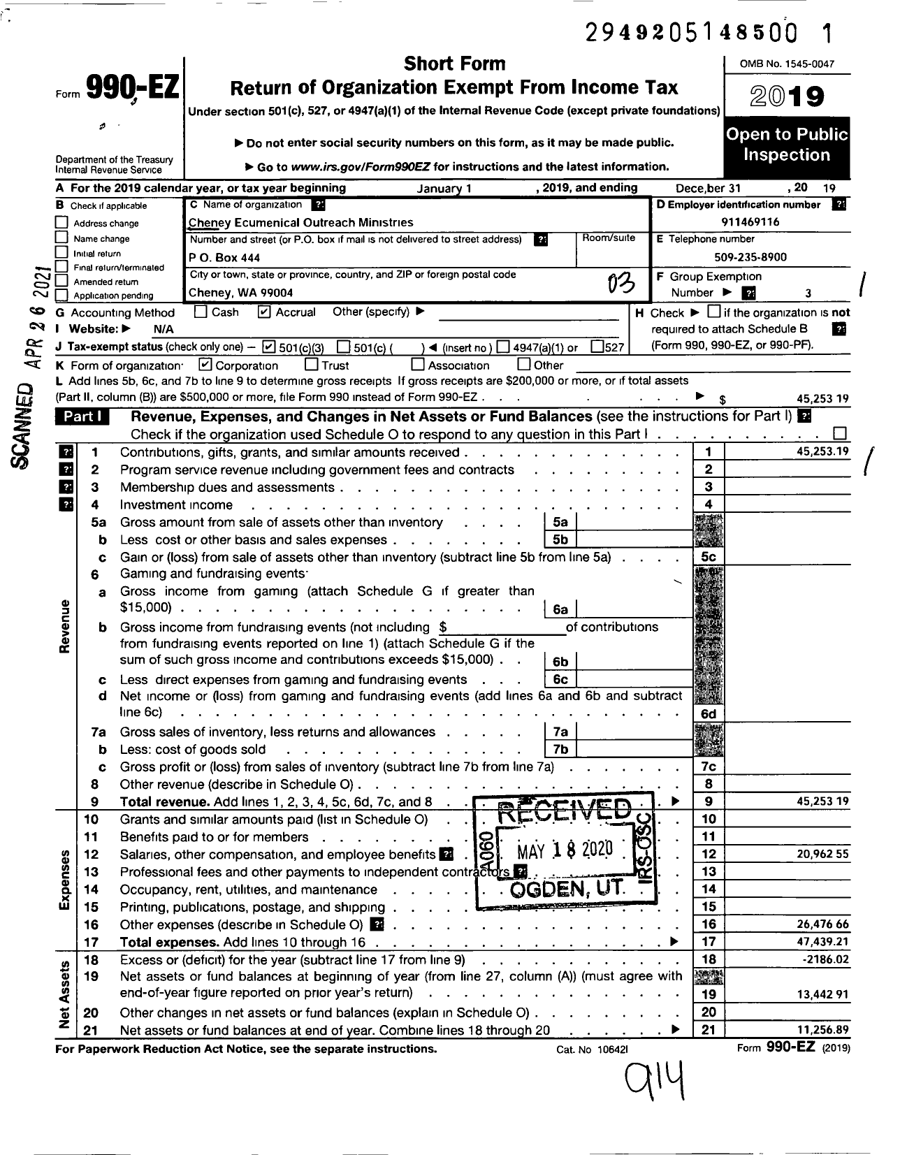 Image of first page of 2019 Form 990EZ for Cheney Ecumenical Outreach Ministries