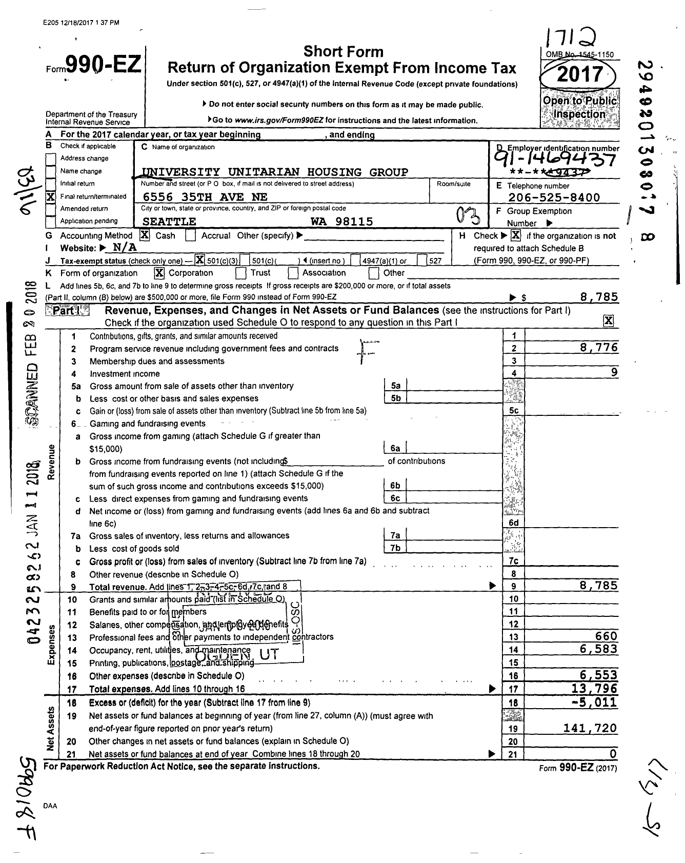 Image of first page of 2017 Form 990EZ for University Unitarian Housing Group