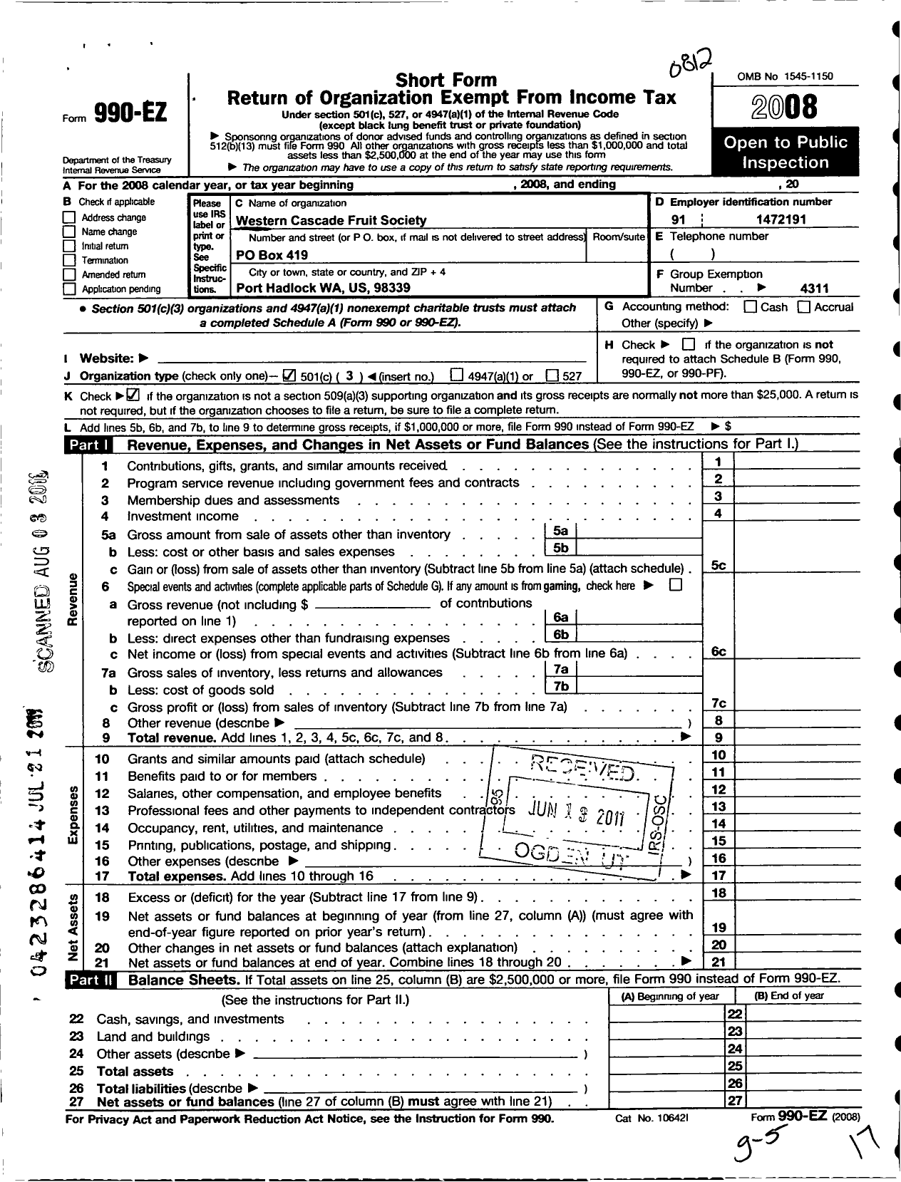 Image of first page of 2008 Form 990EZ for Western Cascade Fruit Society / North Olympic Fruit Club