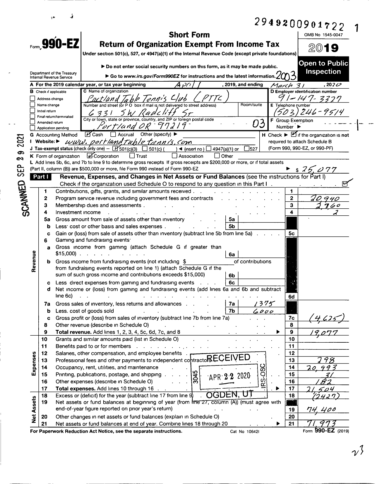 Image of first page of 2019 Form 990EZ for Portland Table Tennis Club