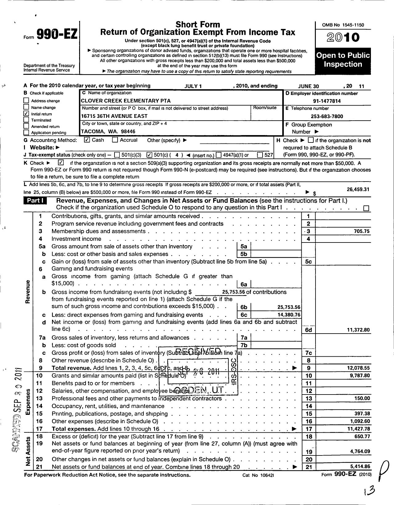 Image of first page of 2010 Form 990EO for CLOVER CREEK pta