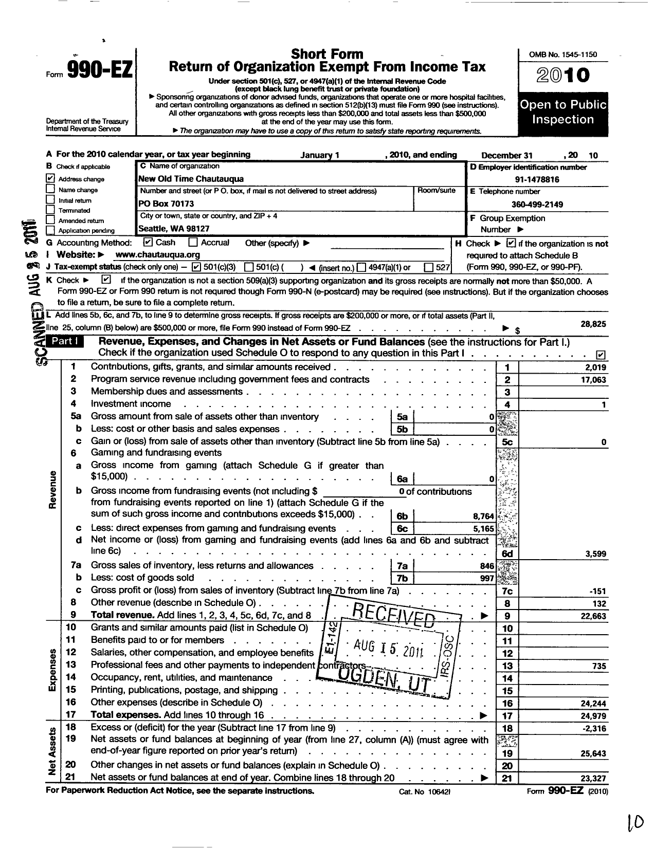 Image of first page of 2010 Form 990EZ for New Old Time Chautauqua