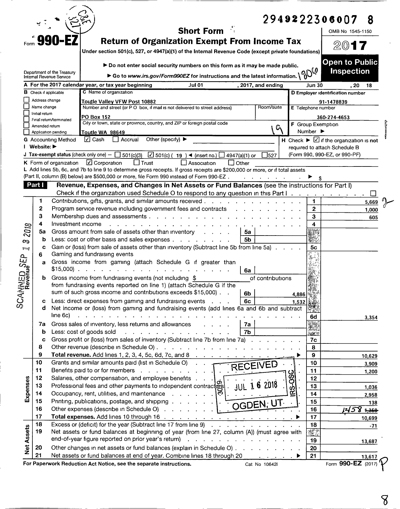 Image of first page of 2017 Form 990EO for VFW Department of Washington - 10882 Toutle Valley Veterans