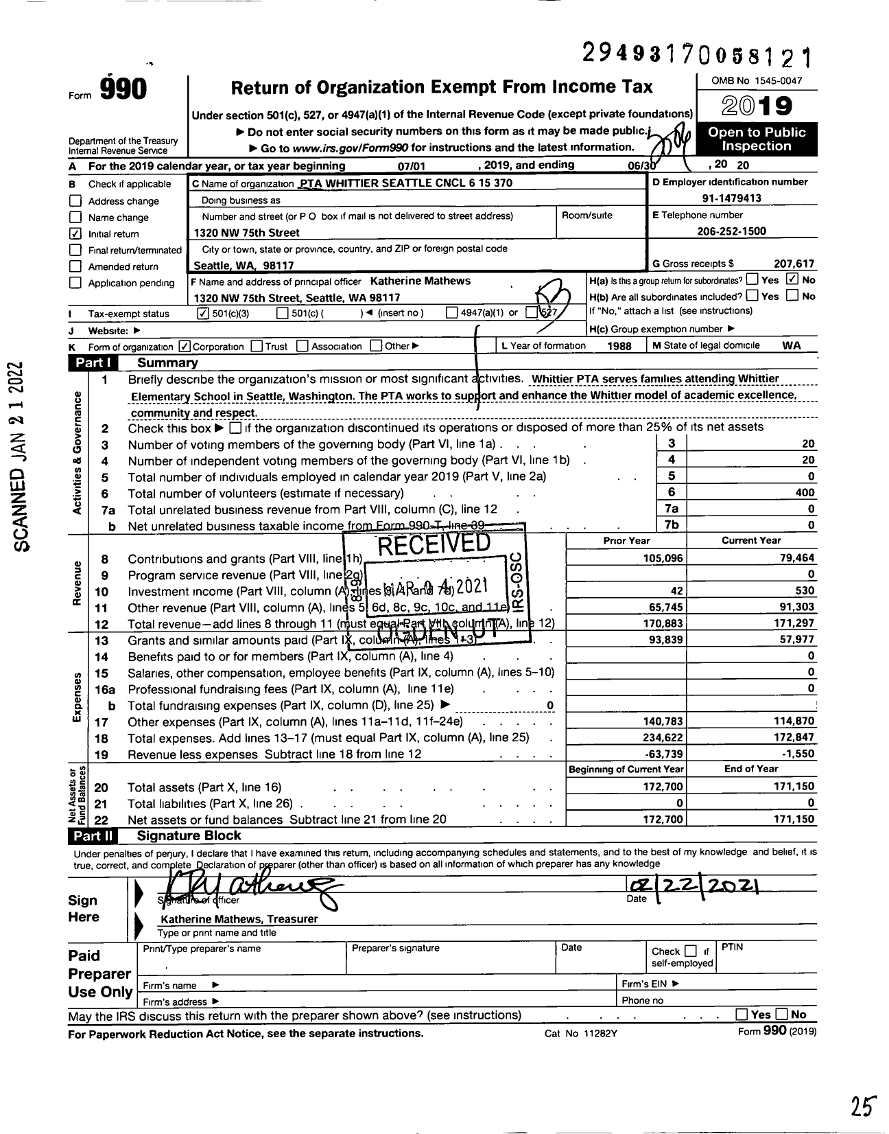 Image of first page of 2019 Form 990 for Whittier PTA