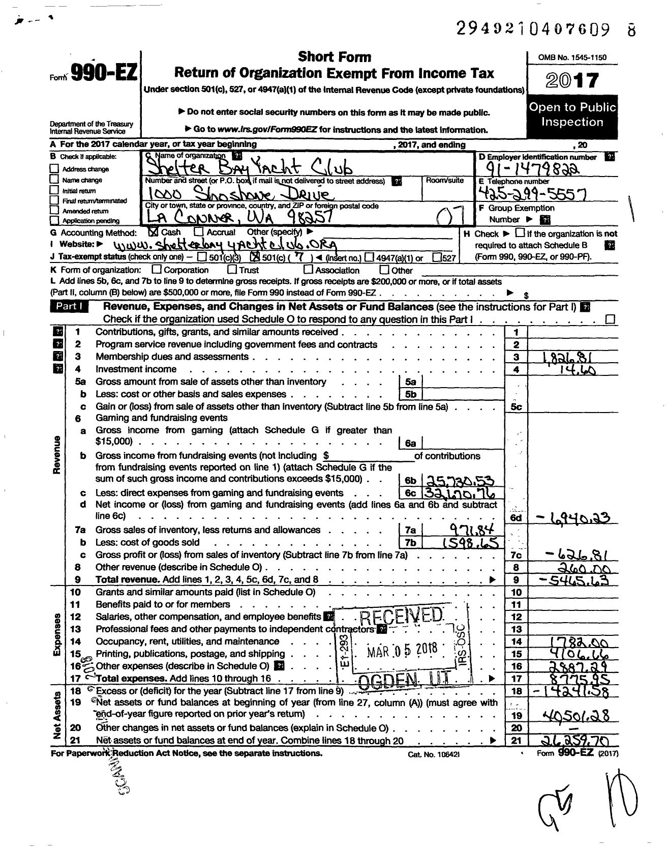 Image of first page of 2017 Form 990EO for Shelter Bay Yacht Club