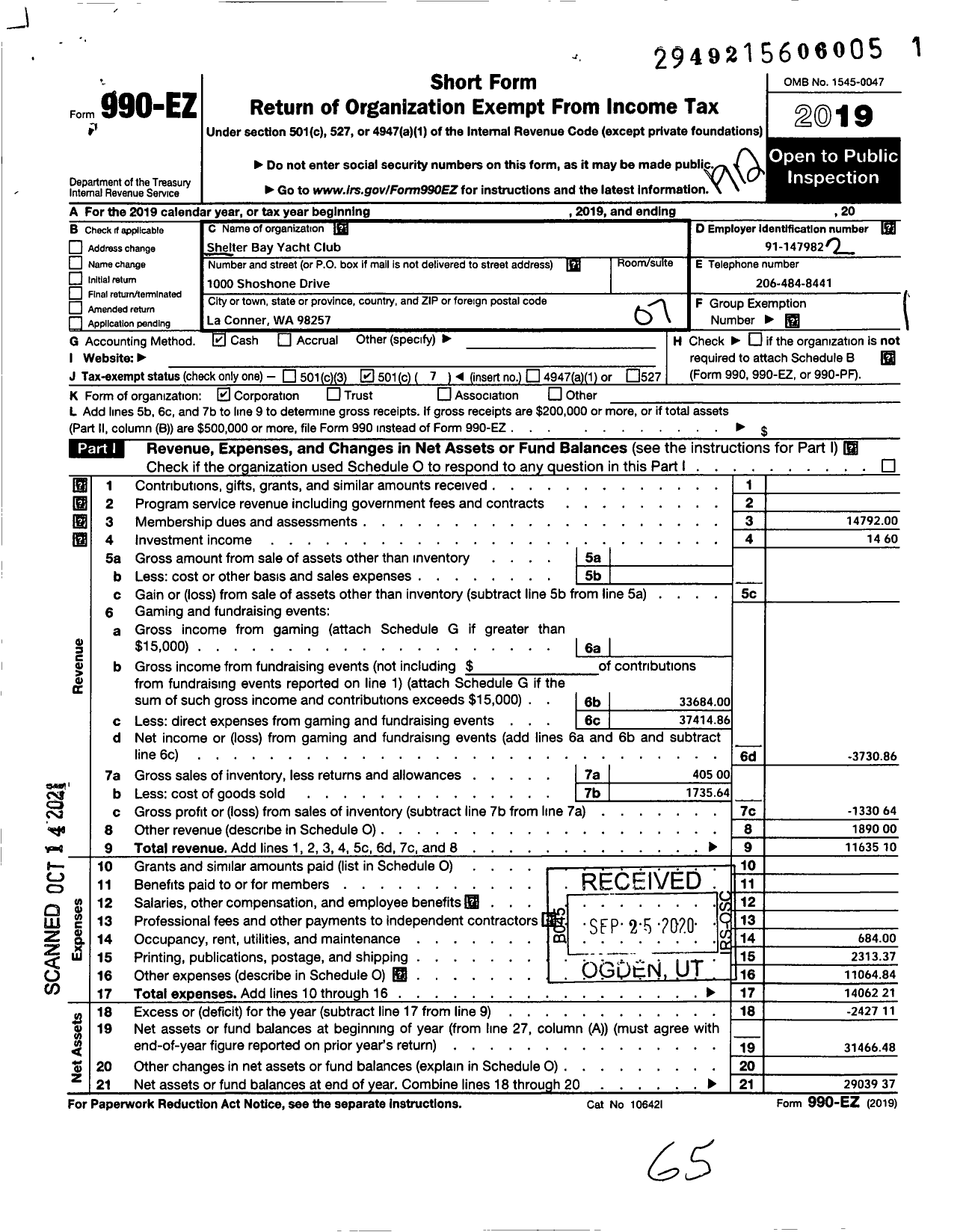 Image of first page of 2019 Form 990EO for Shelter Bay Yacht Club