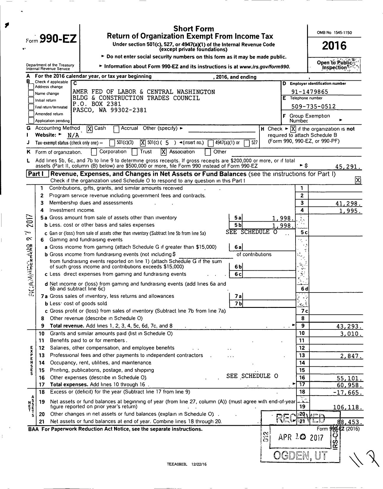 Image of first page of 2016 Form 990EO for AFL-CIO - Central Wash Bldg & Const Trades Co