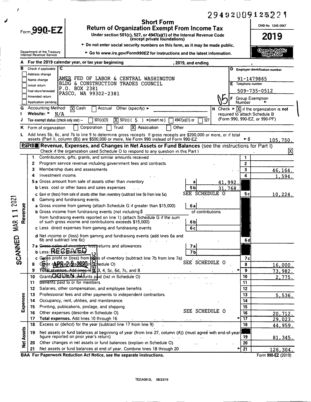 Image of first page of 2019 Form 990EO for AFL-CIO - Central Wash Bldg & Const Trades Co