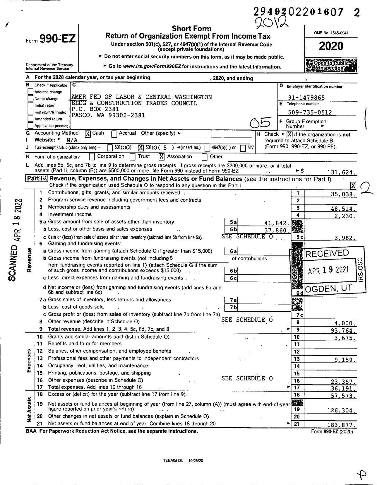 Image of first page of 2020 Form 990EO for AFL-CIO - Central Wash Bldg & Const Trades Co