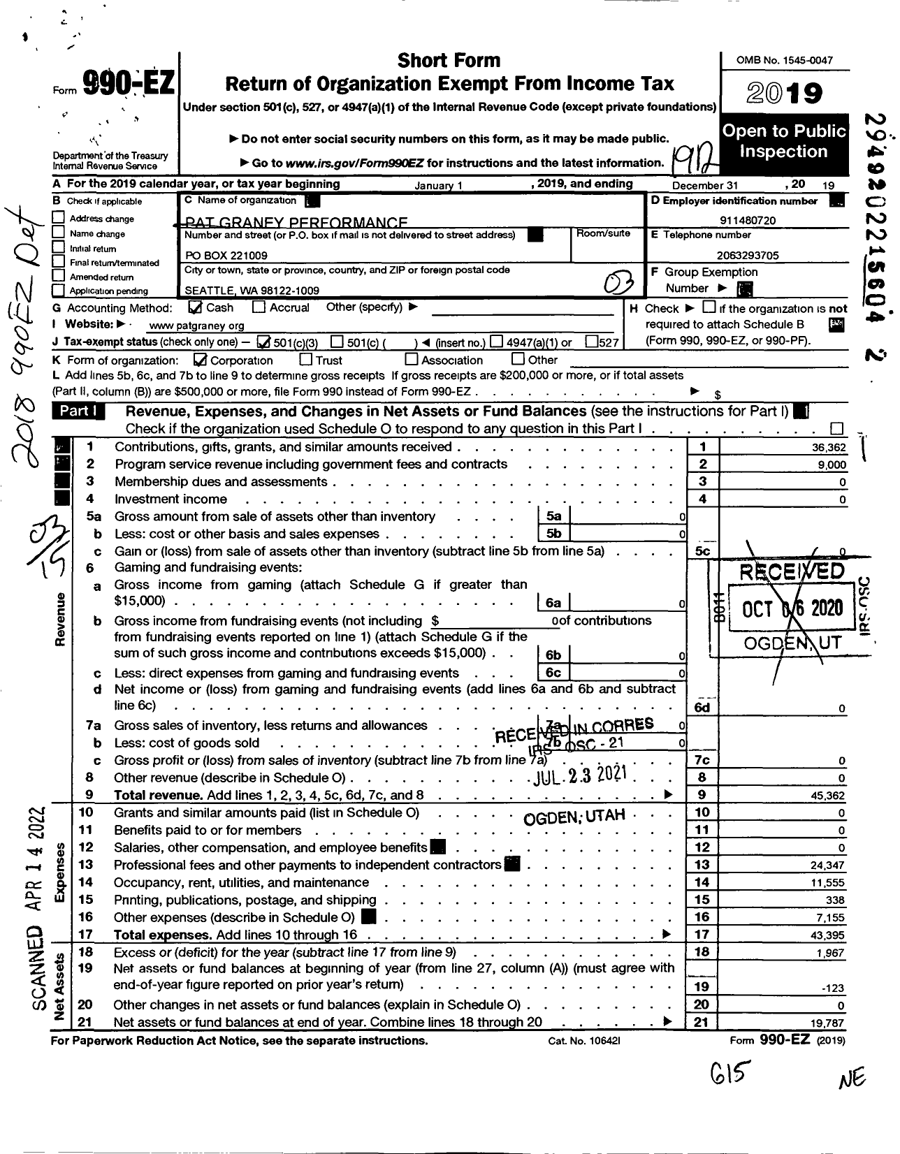Image of first page of 2019 Form 990EZ for Pat Graney Performance